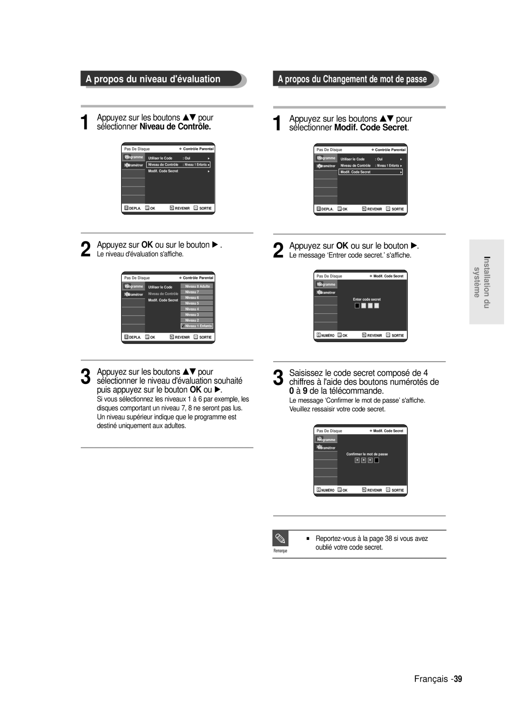 Samsung DVD-R121E/XEF Propos du niveau dévaluation, Propos du Changement de mot de passe, Appuyez sur, de la télécommande 