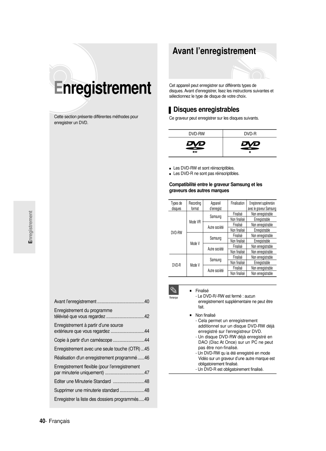 Samsung DVD-R120E/XEF, DVD-R120/XEF, DVD-R120P, DVD-R121E/XEF manual Avant l’enregistrement, Disques enregistrables, Dvd-Rw 