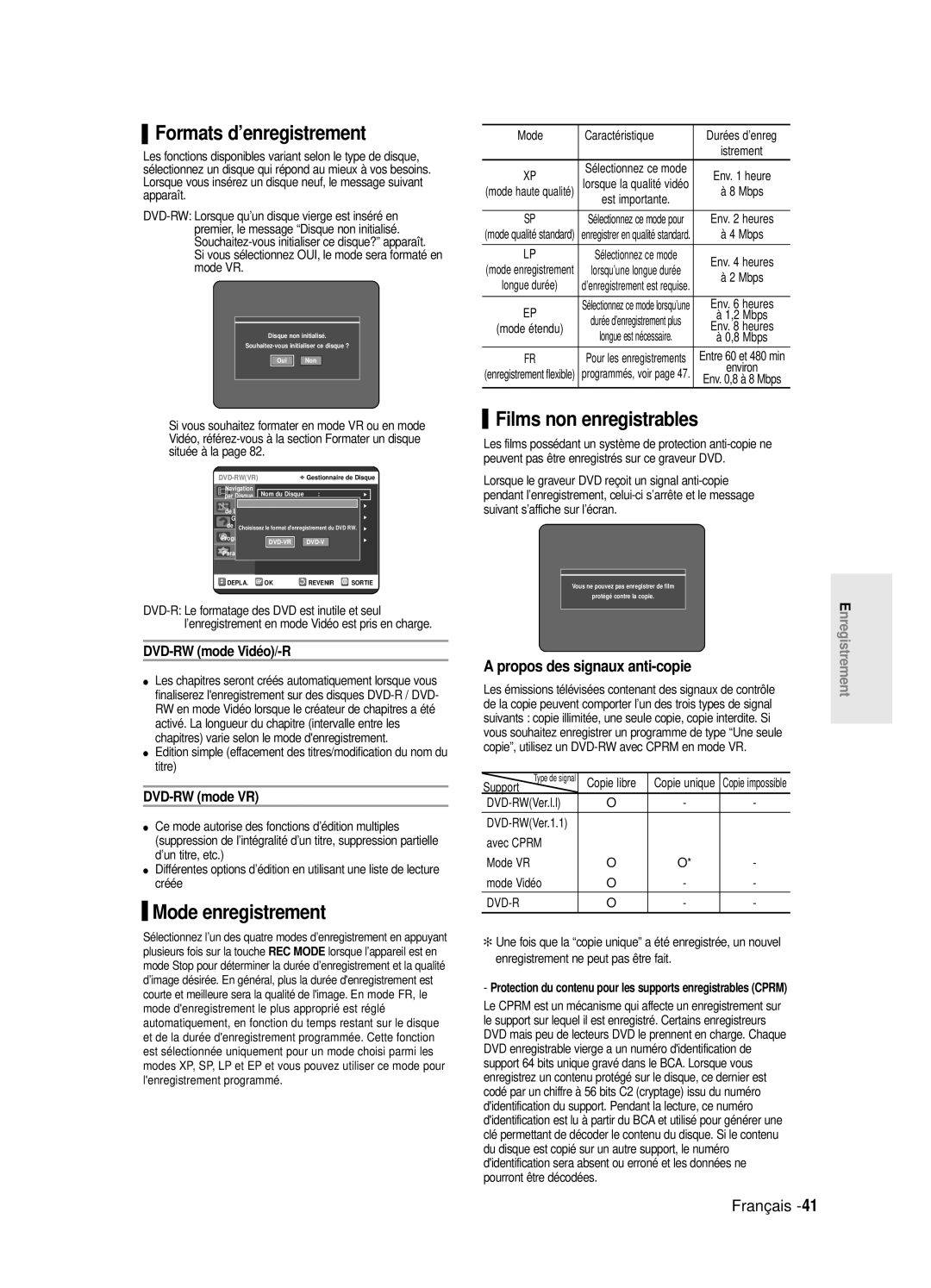 Samsung DVD-R120/XEF, DVD-R120E/XEF, DVD-R120P manual Formats d’enregistrement, Mode enregistrement, Films non enregistrables 