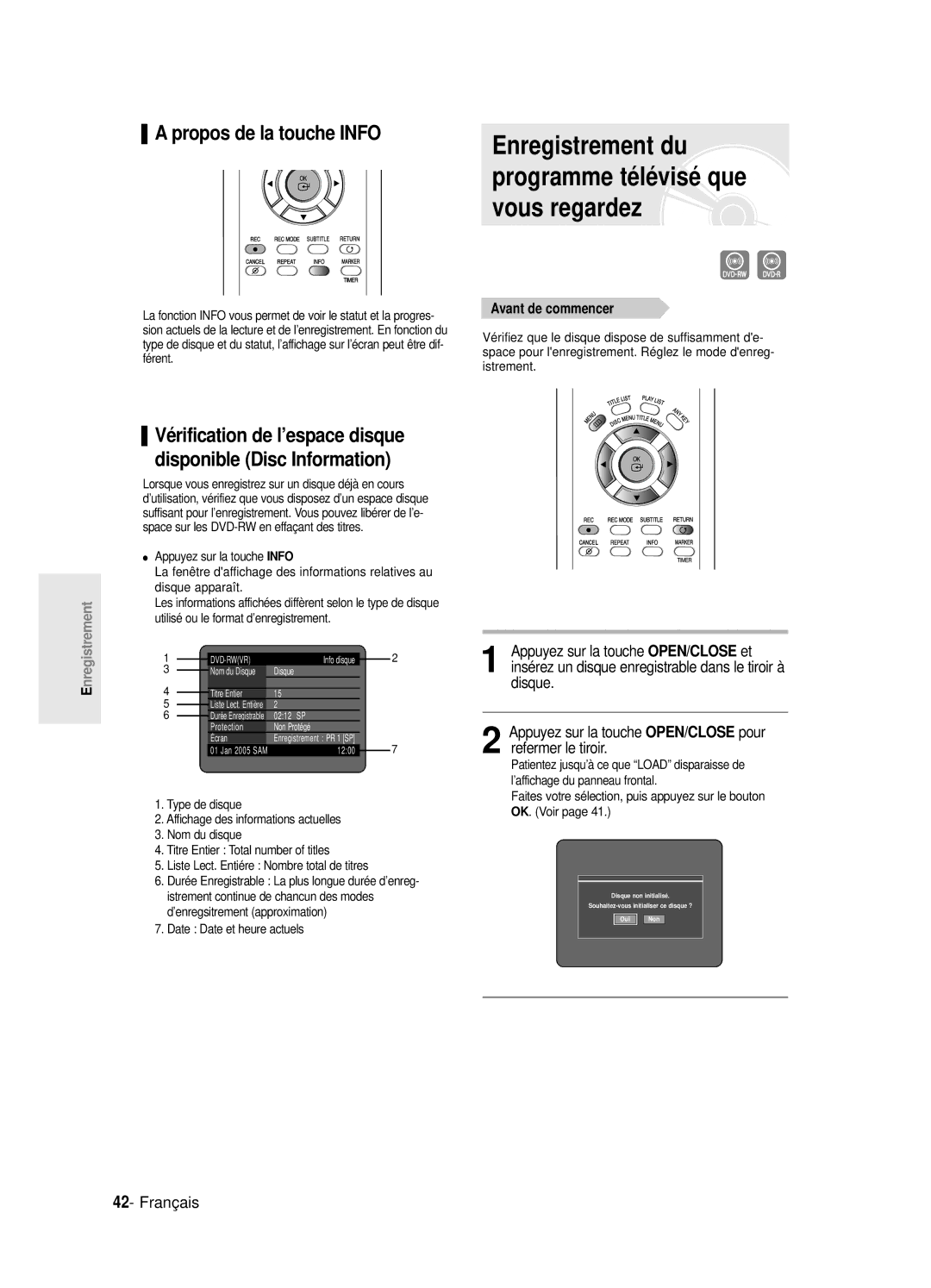 Samsung DVD-R120P, DVD-R120E/XEF, DVD-R120/XEF, DVD-R121E/XEF Propos de la touche Info, Disque, Pour, Refermer le tiroir 