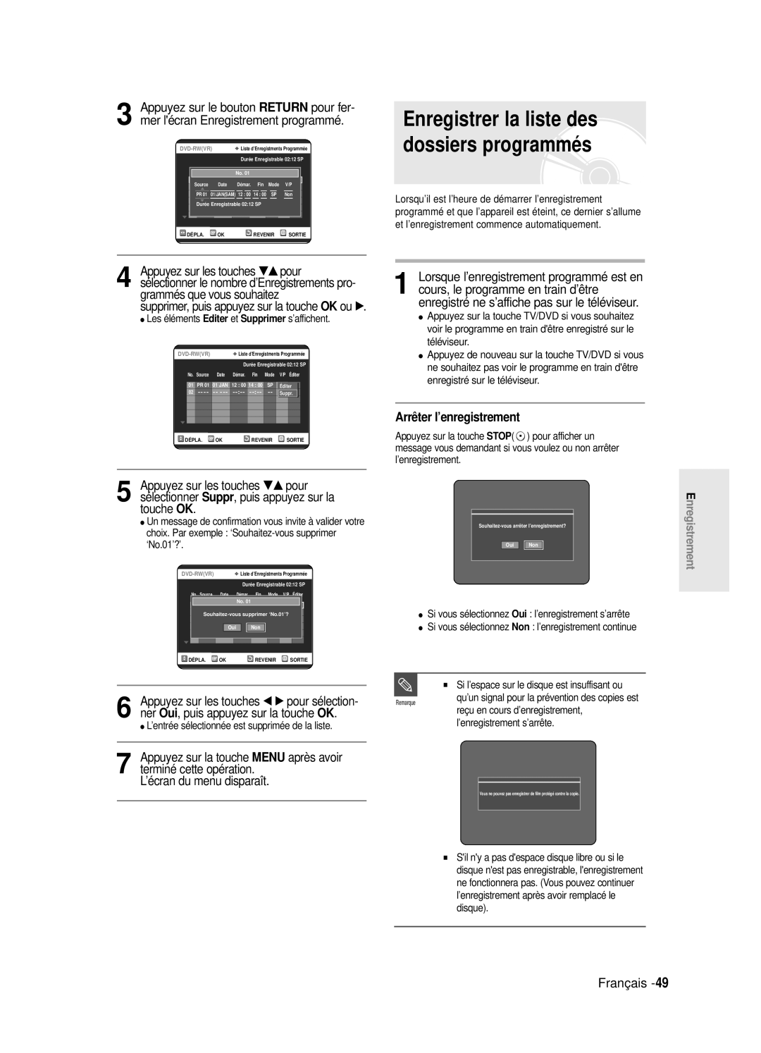 Samsung DVD-R120/XEF, DVD-R120E/XEF, DVD-R120P, DVD-R121E/XEF †…pour, †… pour, Ner, Cette opération ’écran du menu disparaît 