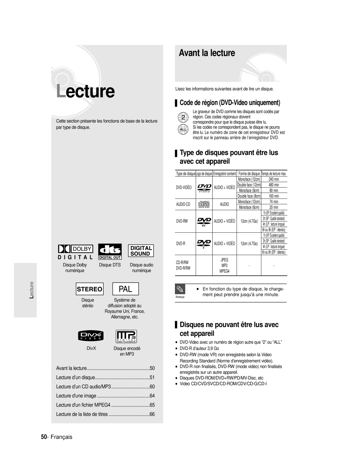 Samsung DVD-R120P, DVD-R120E/XEF, DVD-R120/XEF manual Avant la lecture, Disques ne pouvant être lus avec cet appareil 