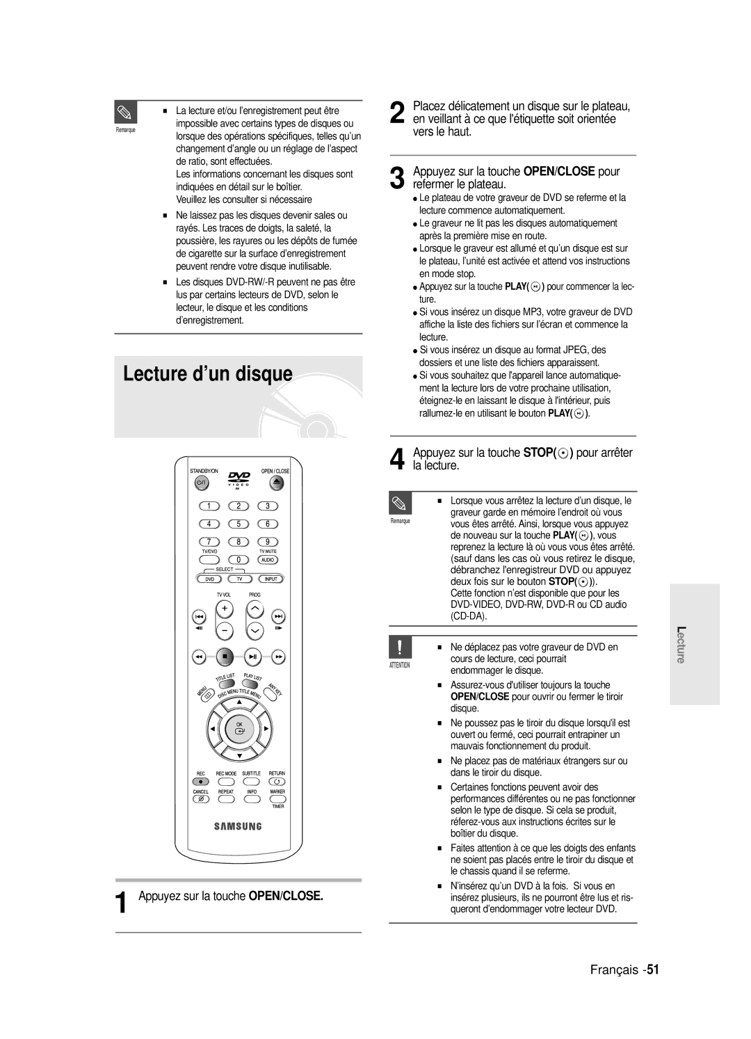 Samsung DVD-R121E/XEF, DVD-R120P Lecture d’un disque, Vers le haut, Refermer le plateau, La lecture, Appuyez sur la touche 