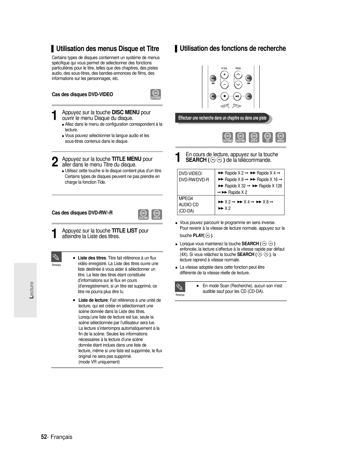 Samsung DVD-R120E/XEF Utilisation des fonctions de recherche, Cas des disques DVD-VIDEO, Cas des disques DVD-RW/-R, Search 