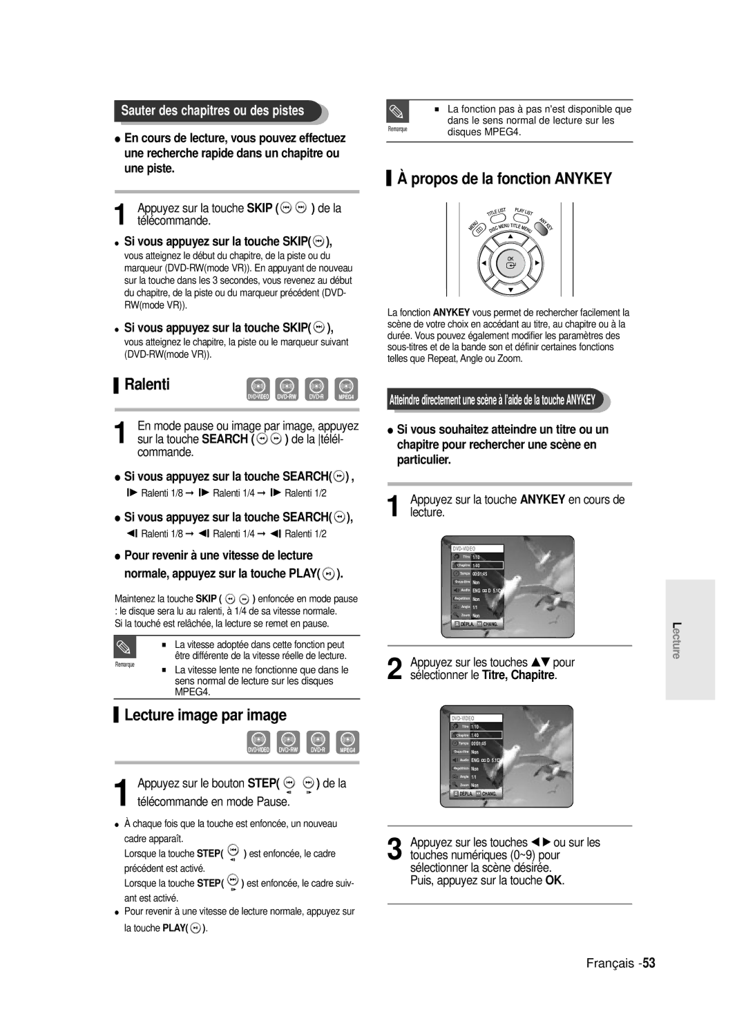 Samsung DVD-R120/XEF Ralenti, Lecture image par image, Propos de la fonction Anykey, Sauter des chapitres ou des pistes 