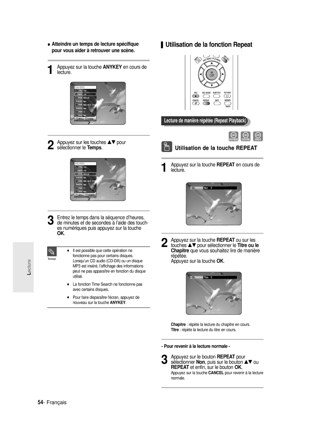 Samsung DVD-R120P, DVD-R120E/XEF manual Utilisation de la fonction Repeat, Lecture de manière répétée Repeat Playback, Non 