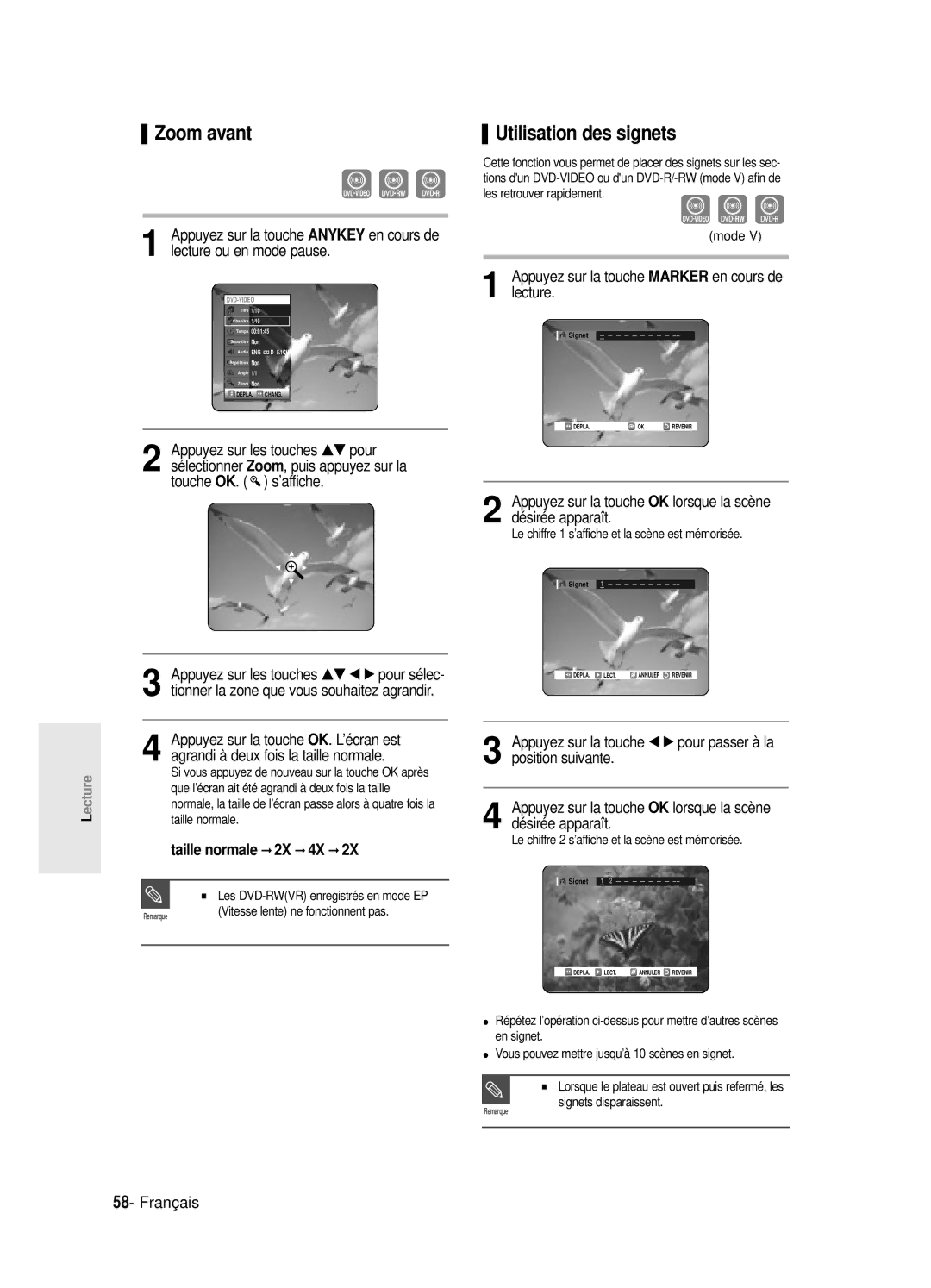 Samsung DVD-R120P, DVD-R120E/XEF, DVD-R120/XEF, DVD-R121E/XEF manual Zoom avant, Utilisation des signets, ’affiche 