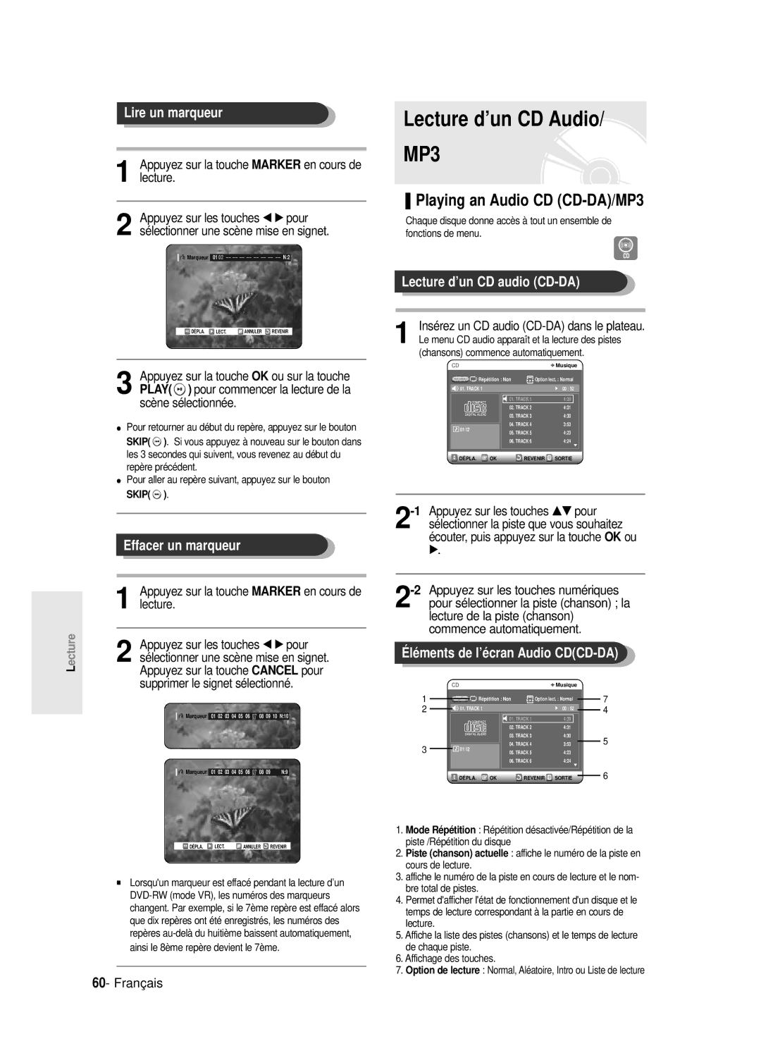 Samsung DVD-R120E/XEF, DVD-R120/XEF, DVD-R120P Lecture d’un CD Audio, Playing an Audio CD CD-DA/MP3, Effacer un marqueur 