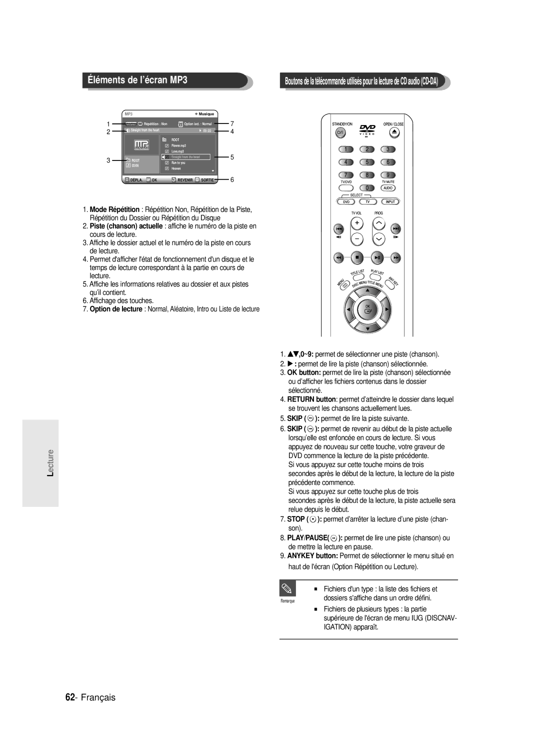 Samsung DVD-R120P, DVD-R120E/XEF, DVD-R120/XEF, DVD-R121E/XEF manual Éléments de l’écran MP3 