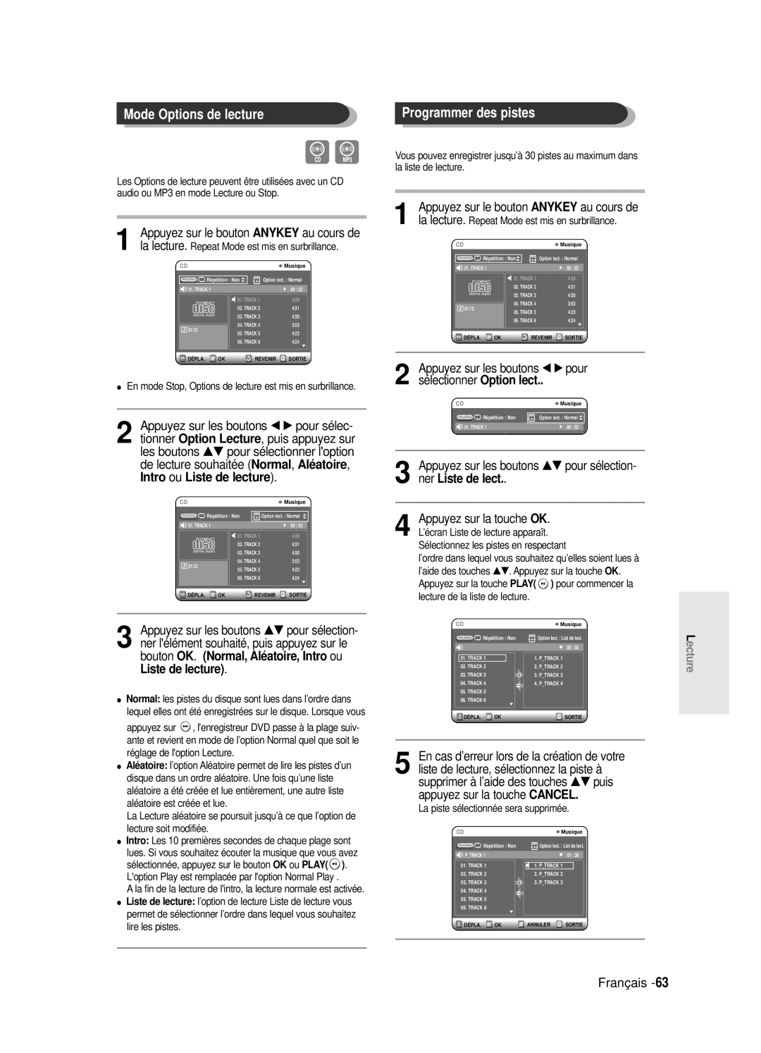 Samsung DVD-R121E/XEF, DVD-R120E/XEF, DVD-R120/XEF manual Mode Options de lecture, Intro, Ner, Au cours de, …† pour sélection 