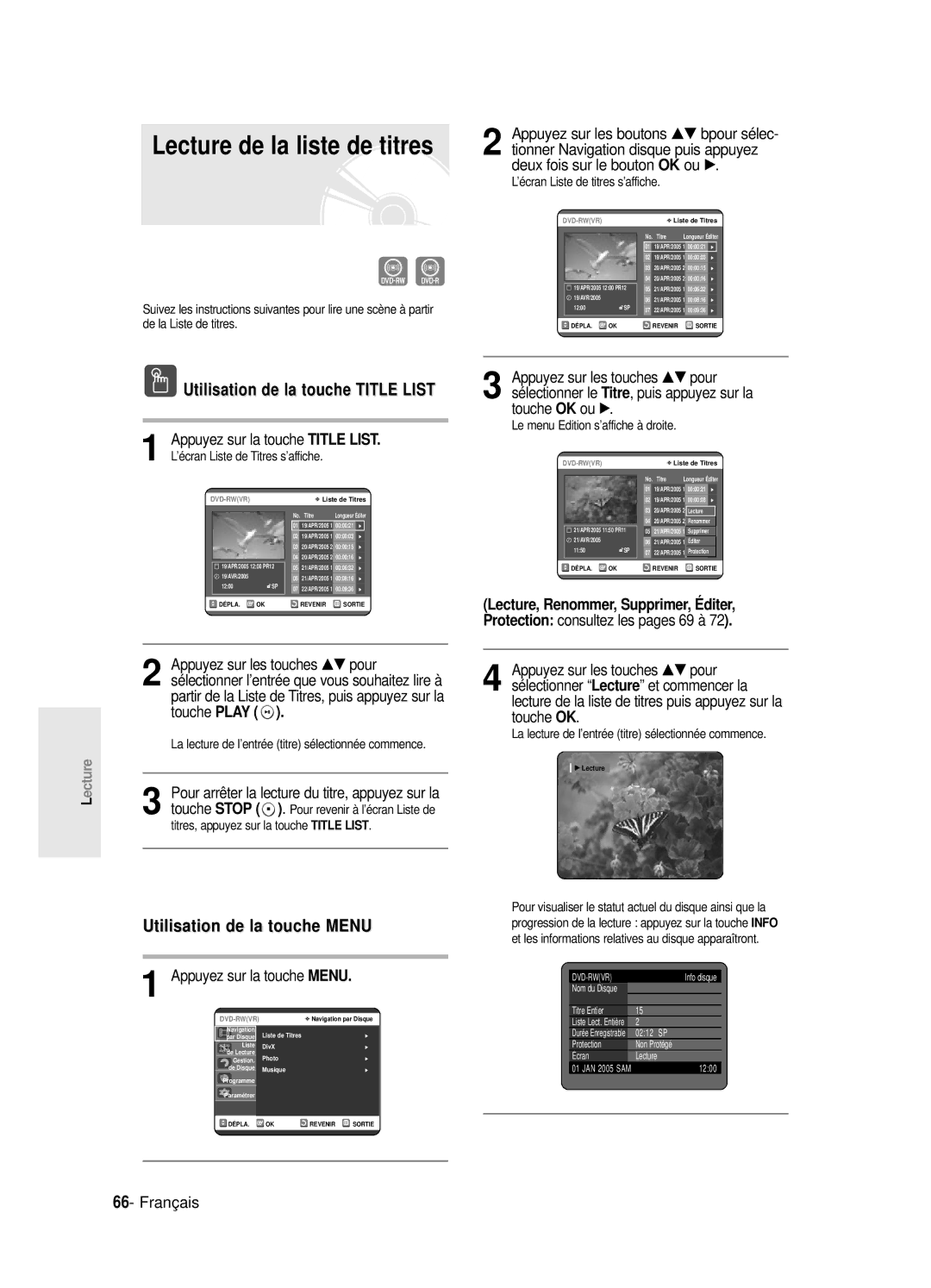 Samsung DVD-R120P, DVD-R120E/XEF, DVD-R120/XEF Lecture de la liste de titres, OK ou √, Deux fois sur le bouton, Protection 