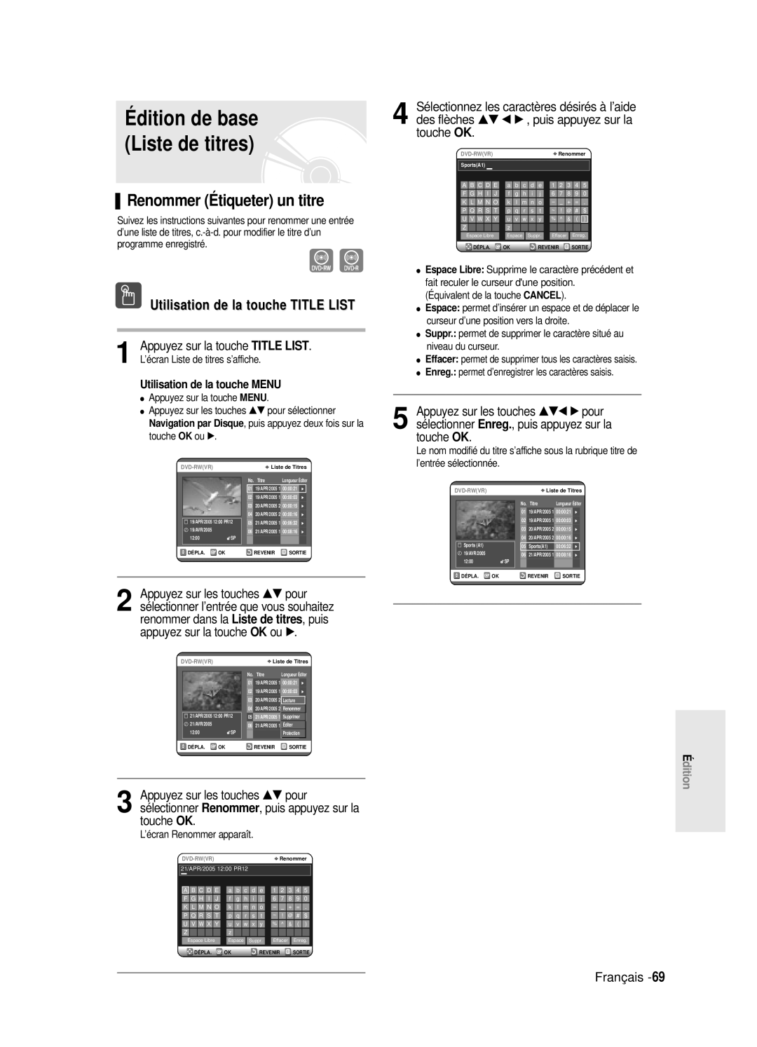 Samsung DVD-R120/XEF, DVD-R120E/XEF Renommer Étiqueter un titre, Touche, Édition de base Liste de titres, Renommer dans la 