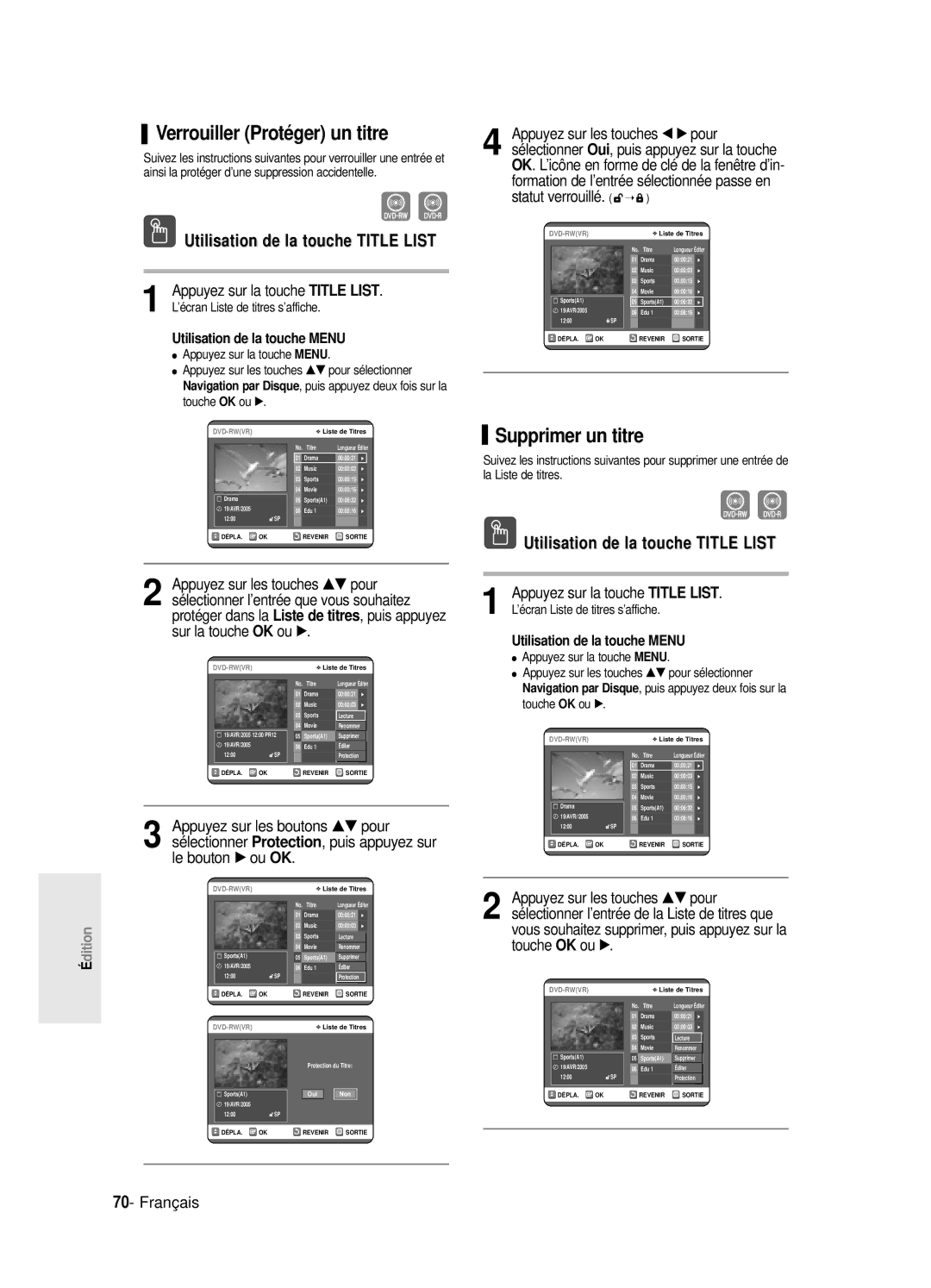 Samsung DVD-R120P, DVD-R120E/XEF manual Verrouiller Protéger un titre, Supprimer un titre, Sur la touche, Touche OK ou √ 