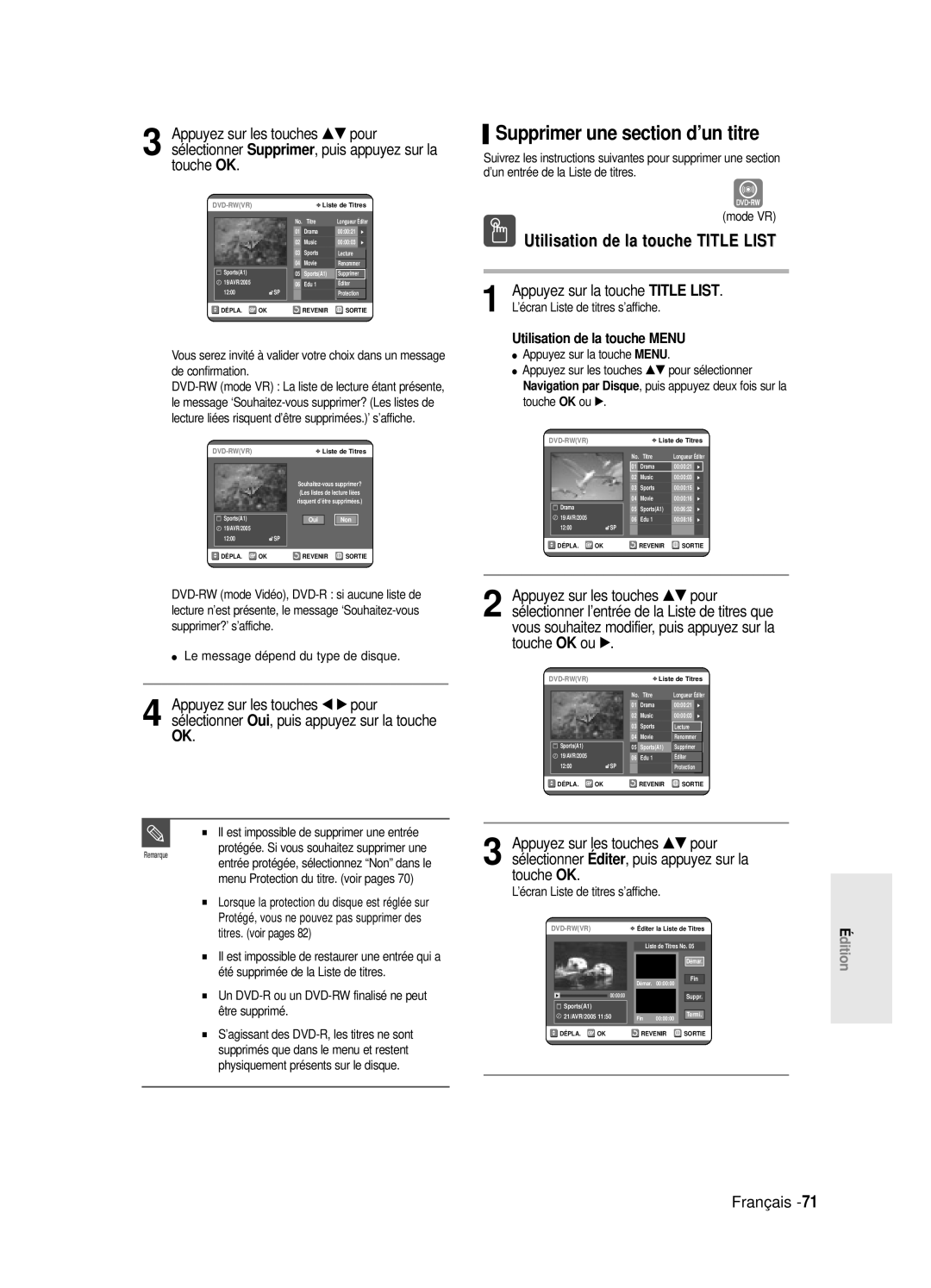 Samsung DVD-R121E/XEF manual Supprimer une section d’un titre, Puis appuyez sur la, Le message dépend du type de disque 