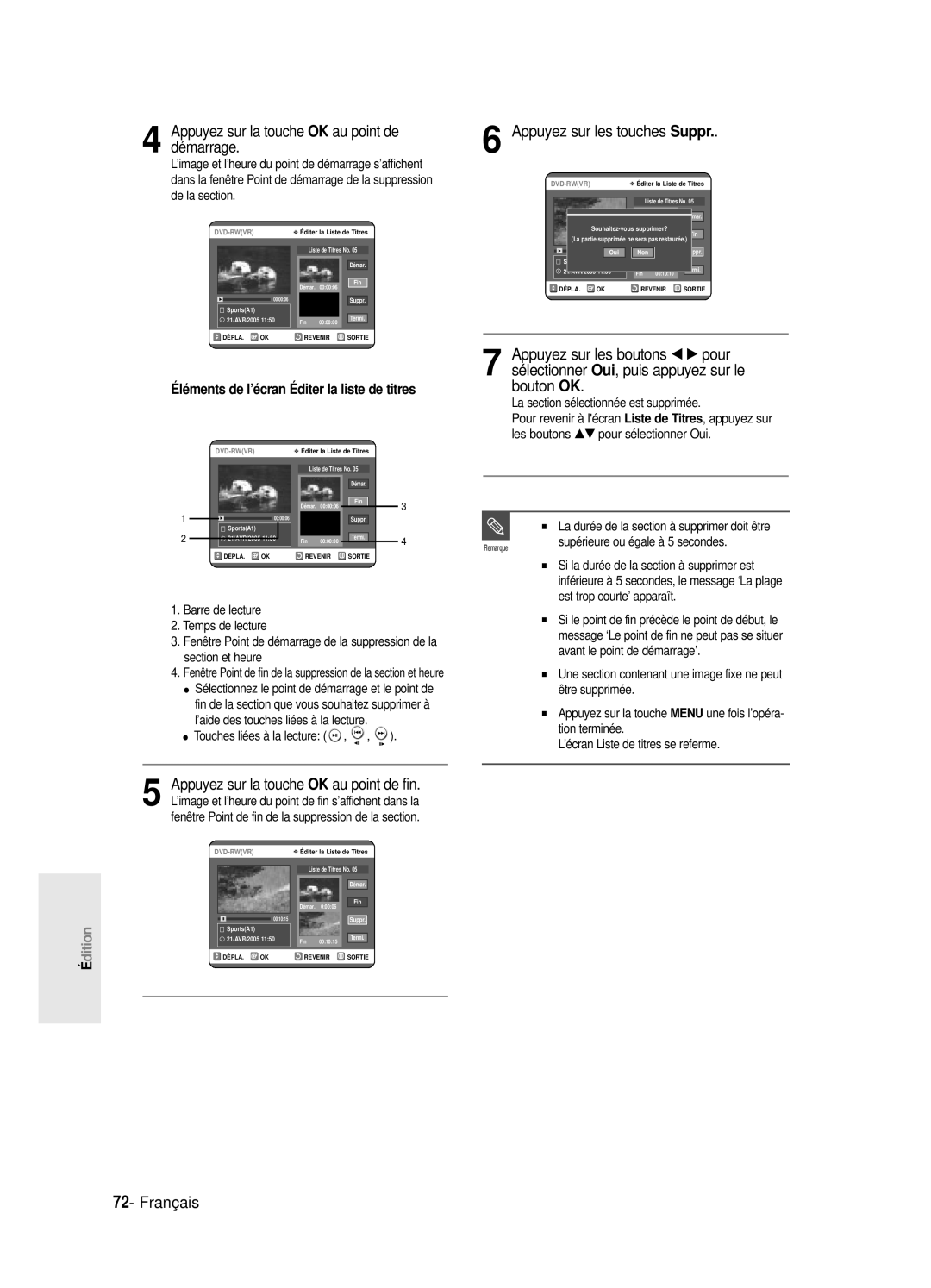 Samsung DVD-R120E/XEF, DVD-R120/XEF, DVD-R120P, DVD-R121E/XEF manual Démarrage, Bouton, OK au point de fin, De la section 