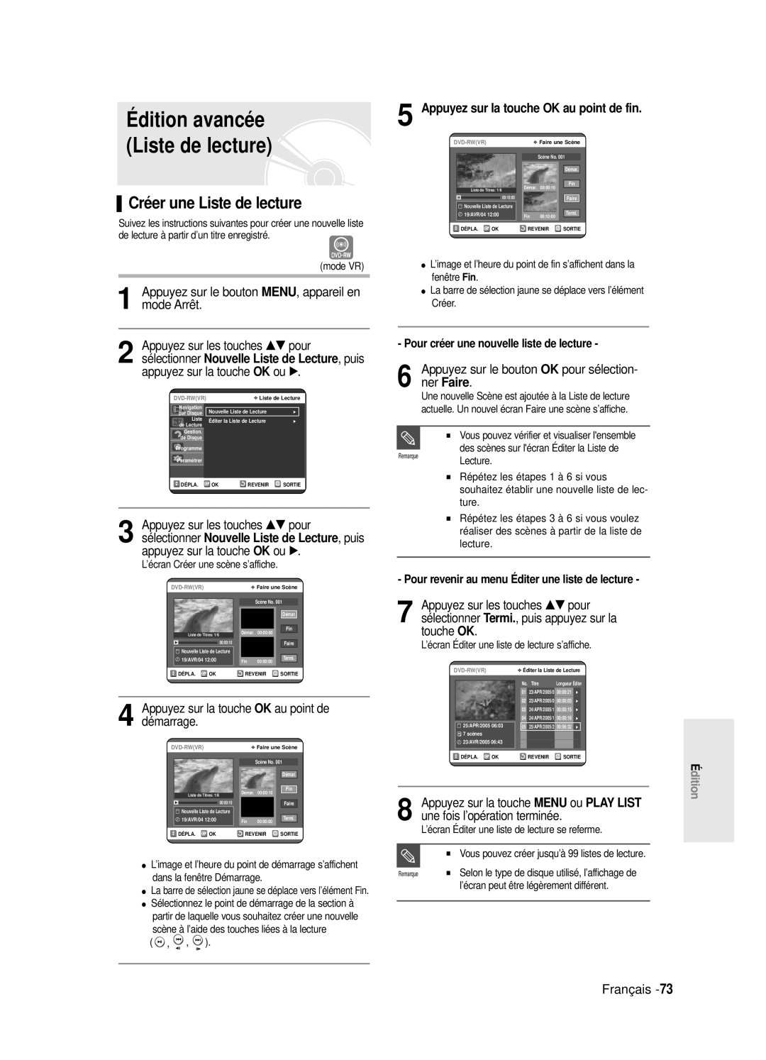 Samsung DVD-R120/XEF, DVD-R120E/XEF, DVD-R120P, DVD-R121E/XEF Créer une Liste de lecture, Appareil en, Ner Faire, Démarrage 