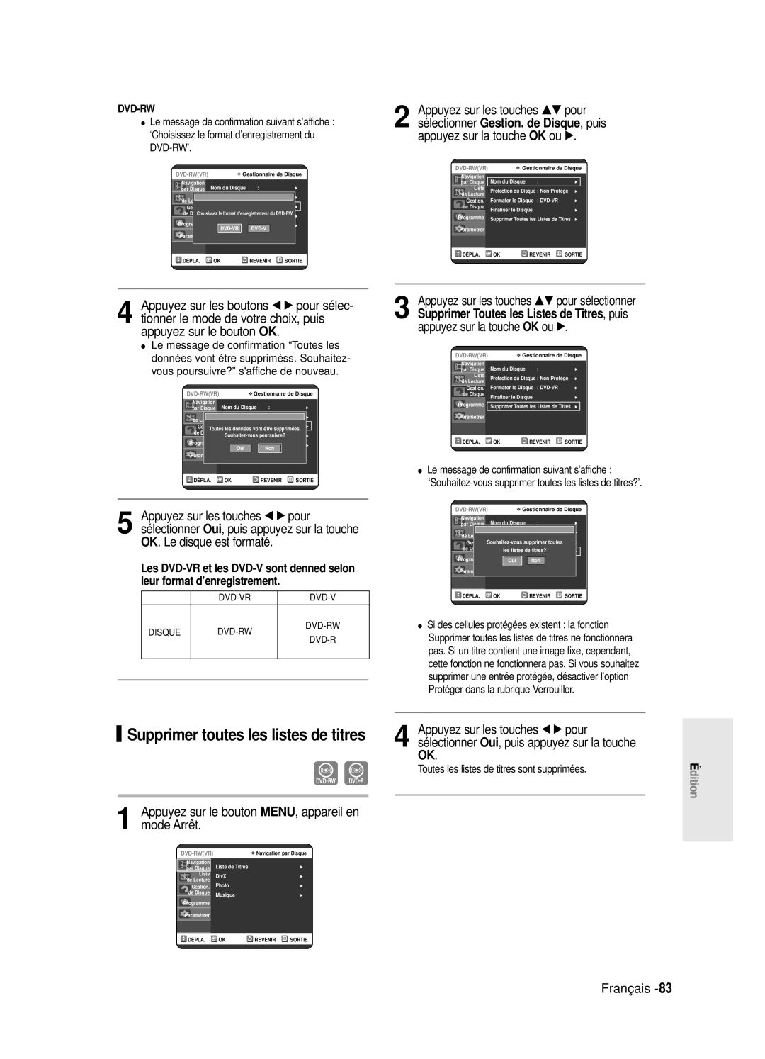 Samsung DVD-R121E/XEF, DVD-R120E/XEF manual Puis appuyez sur la touche, Dvd-Rw, Les DVD-VR et les DVD-V sont denned selon 