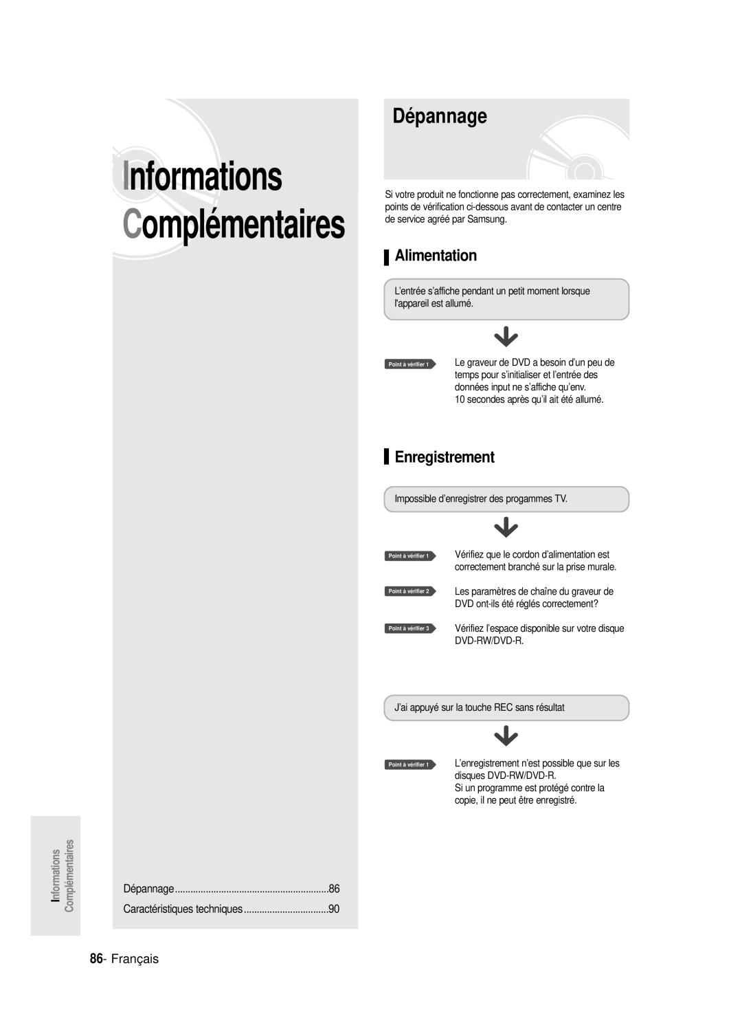 Samsung DVD-R120P, DVD-R120E/XEF, DVD-R120/XEF, DVD-R121E/XEF manual Dépannage, Alimentation, Enregistrement, Dvd-Rw/Dvd-R 