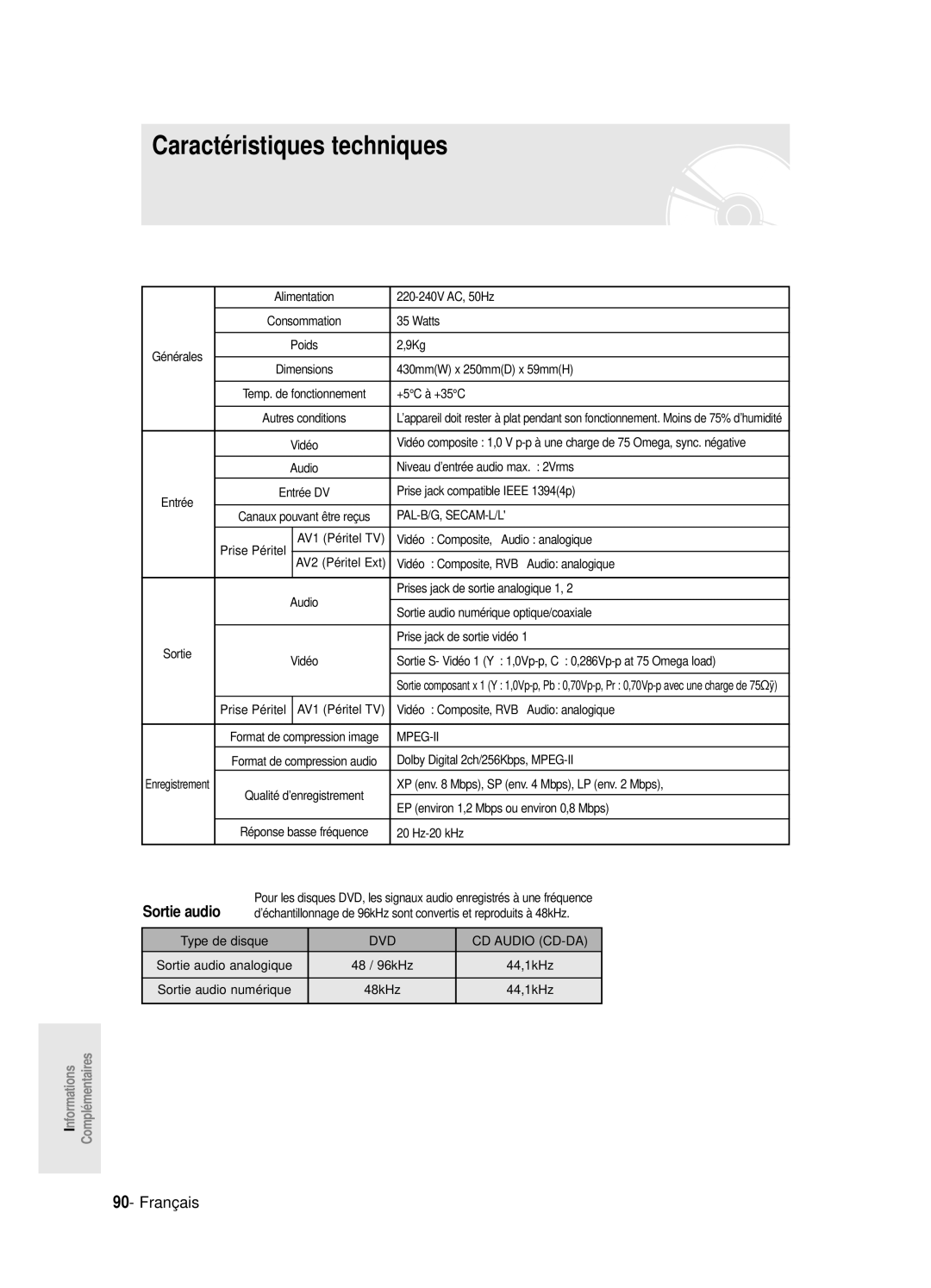 Samsung DVD-R120P, DVD-R120E/XEF Caractéristiques techniques, Sortie audio, Pal-B/G, Secam-L/L, Mpeg-Ii, CD Audio CD-DA 