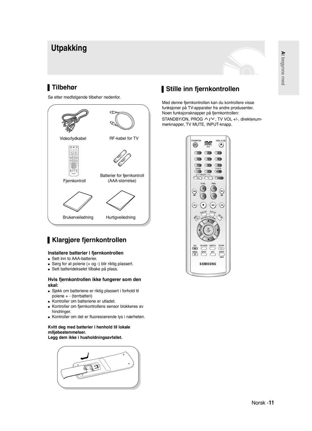 Samsung DVD-R120/XEE, DVD-R121/XEE manual Utpakking, Tilbehør, Klargjøre fjernkontrollen, Stille inn fjernkontrollen 