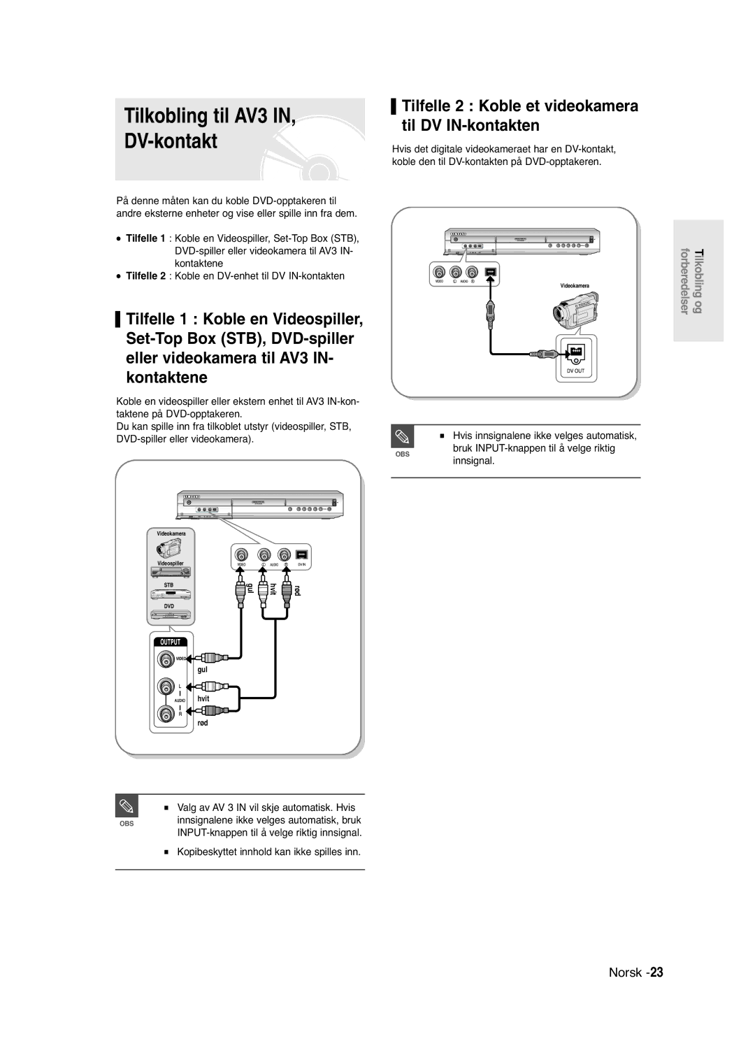 Samsung DVD-R120/XEE, DVD-R121/XEE manual Tilkobling til AV3 DV-kontakt, Bruk INPUT-knappen til å velge riktig innsignal 