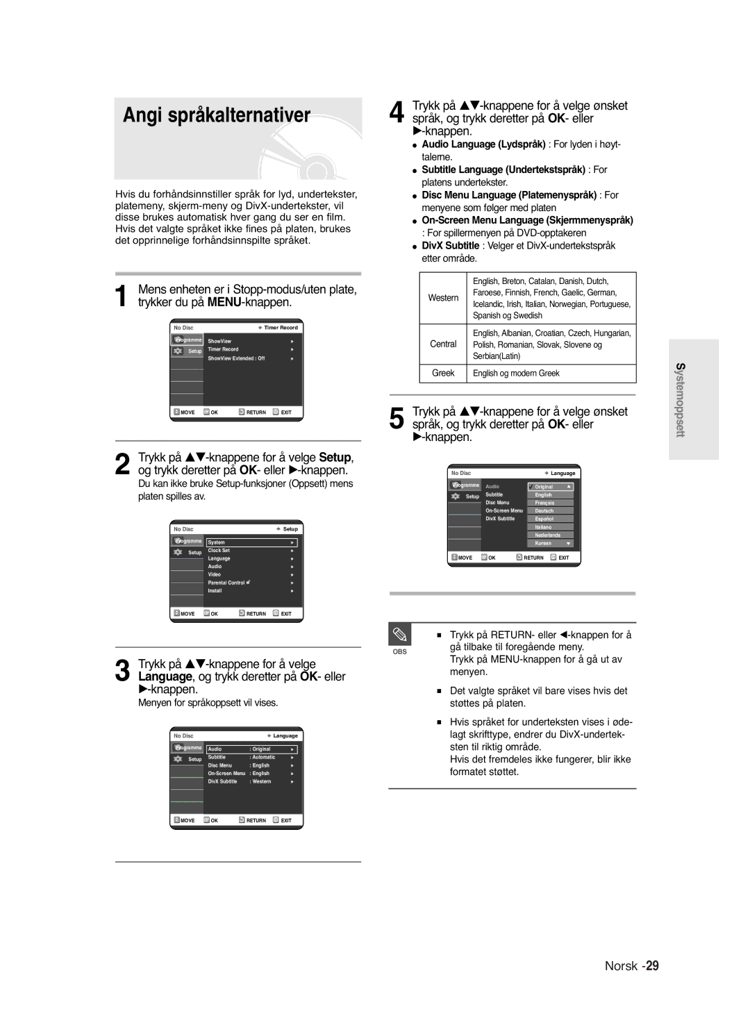 Samsung DVD-R120/XEE manual Angi språkalternativer, √-knappen, DivX Subtitle Velger et DivX-undertekstspråk etter område 