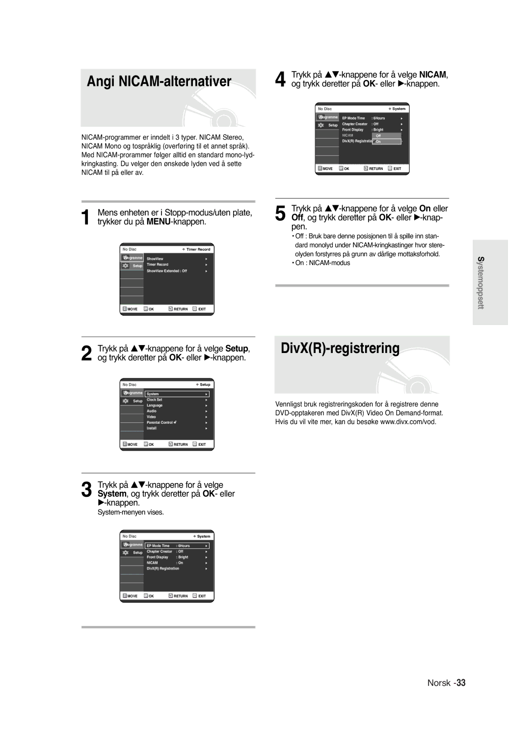 Samsung DVD-R120/XEE, DVD-R121/XEE manual Angi NICAM-alternativer, DivXR-registrering 