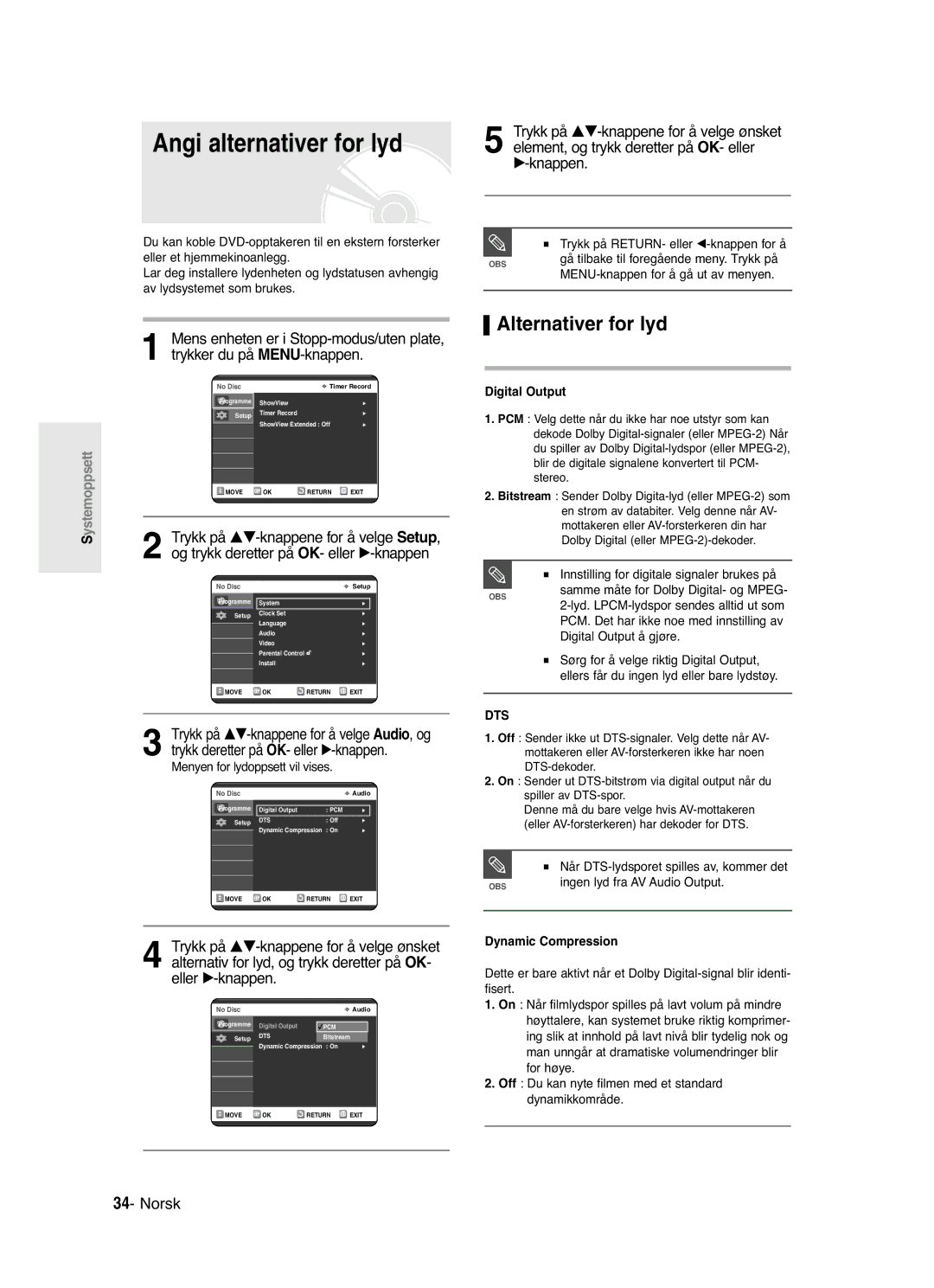 Samsung DVD-R121/XEE, DVD-R120/XEE Angi alternativer for lyd, Alternativer for lyd, Digital Output, Dynamic Compression 