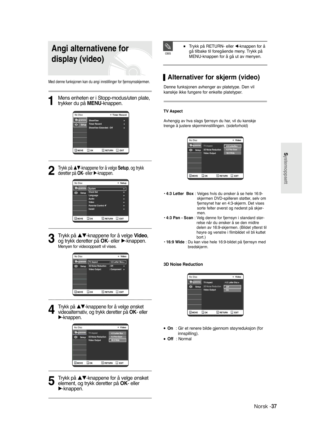 Samsung DVD-R120/XEE manual Angi alternativene for, Display video, Alternativer for skjerm video, 3D Noise Reduction 