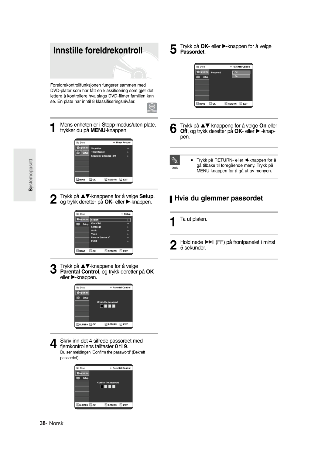 Samsung DVD-R121/XEE, DVD-R120/XEE manual Innstille foreldrekontroll, Hvis du glemmer passordet 