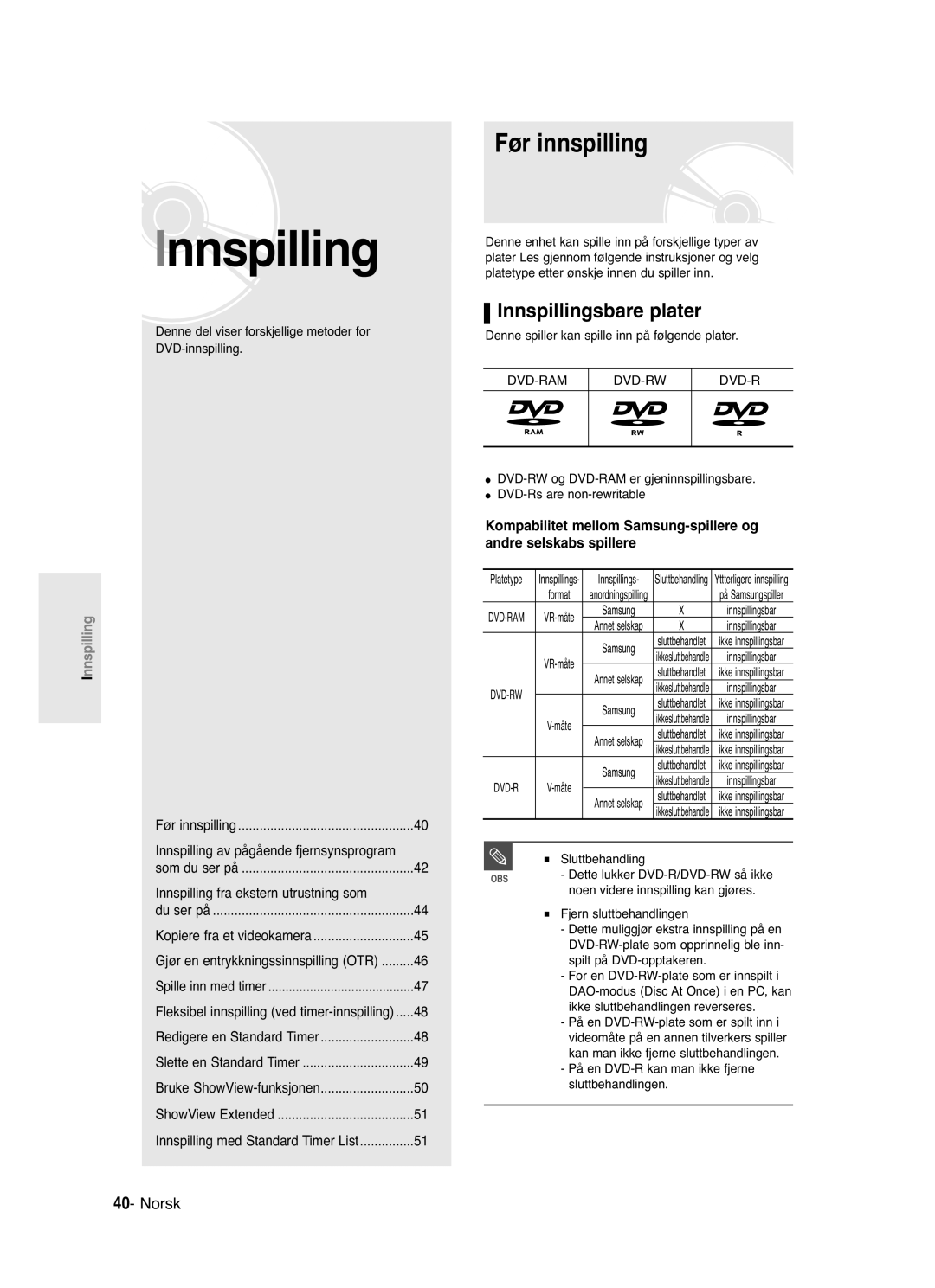 Samsung DVD-R121/XEE, DVD-R120/XEE manual Før innspilling, Innspillingsbare plater, Dvd-Ram Dvd-Rw 