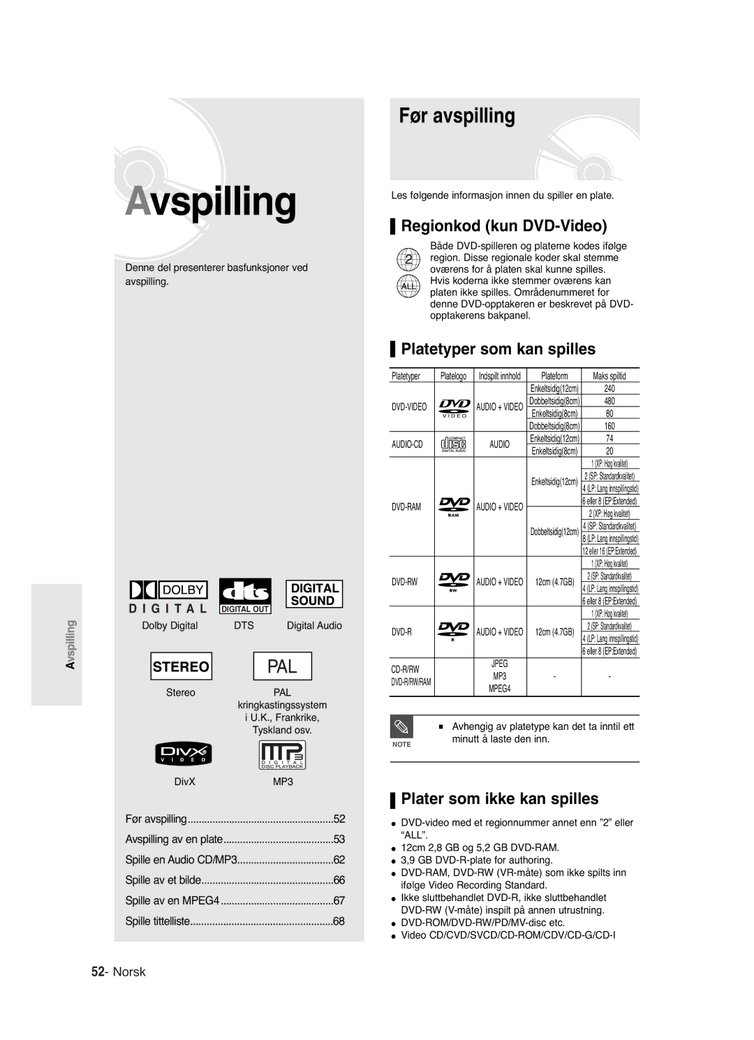 Samsung DVD-R121/XEE Før avspilling, Regionkod kun DVD-Video, Platetyper som kan spilles, Plater som ikke kan spilles 