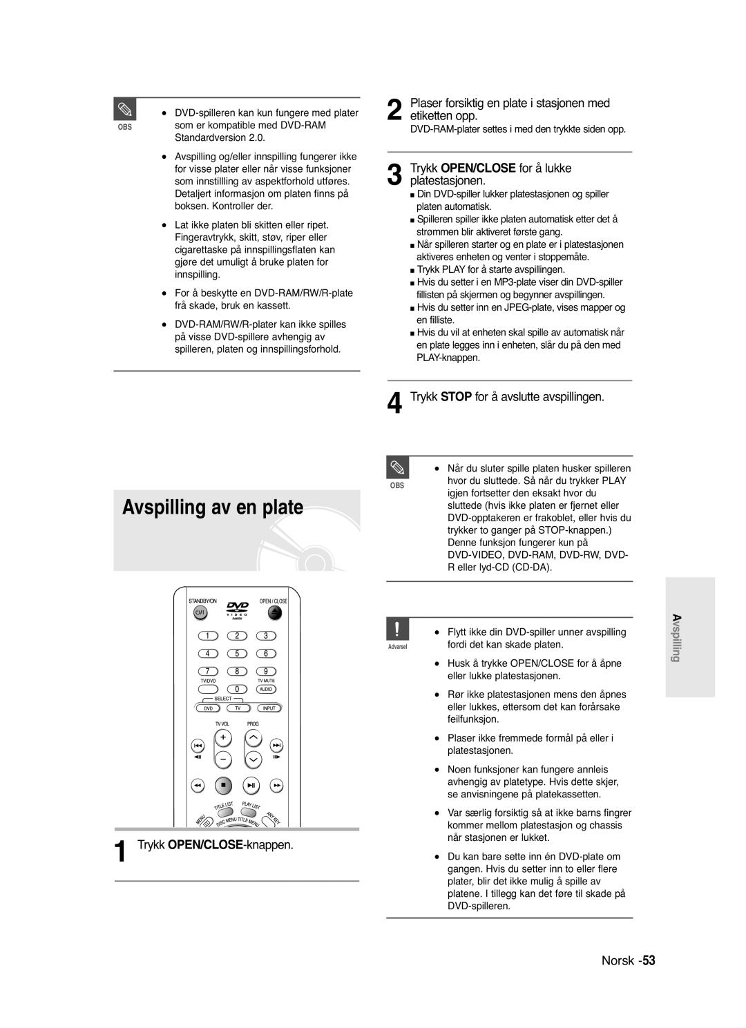 Samsung DVD-R120/XEE, DVD-R121/XEE manual Avspilling av en plate, Plaser forsiktig en plate i stasjonen med etiketten opp 