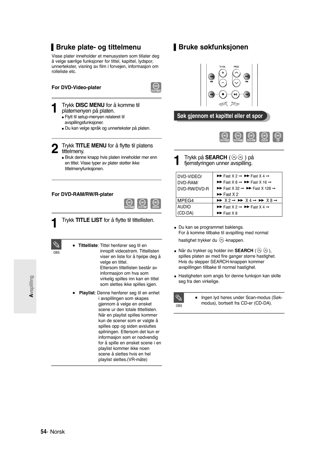 Samsung DVD-R121/XEE, DVD-R120/XEE Bruke plate- og tittelmenu, Bruke søkfunksjonen, Søk gjennom et kapittel eller et spor 