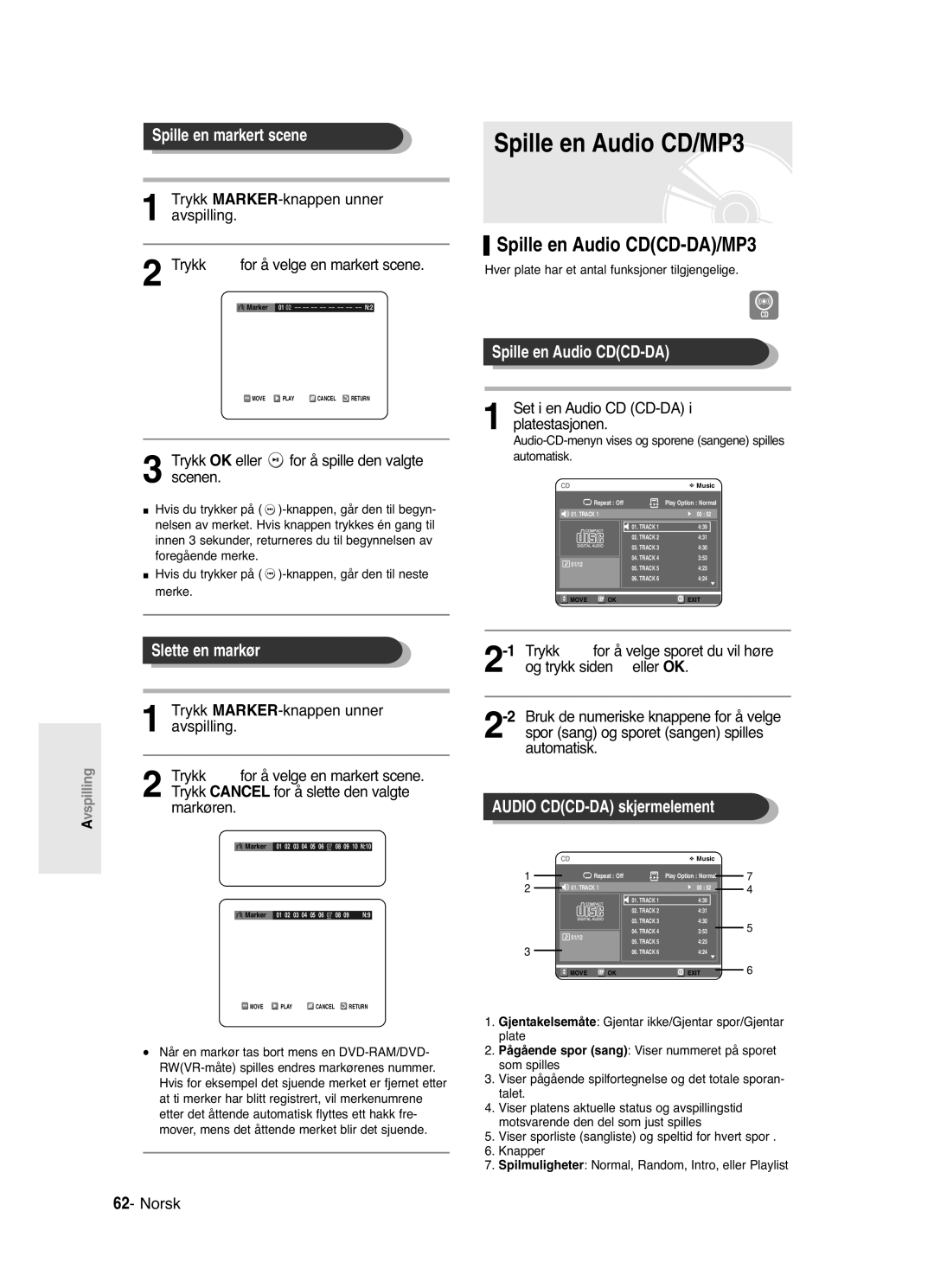 Samsung DVD-R121/XEE, DVD-R120/XEE manual Spille en Audio CD/MP3, Spille en Audio CDCD-DA/MP3 