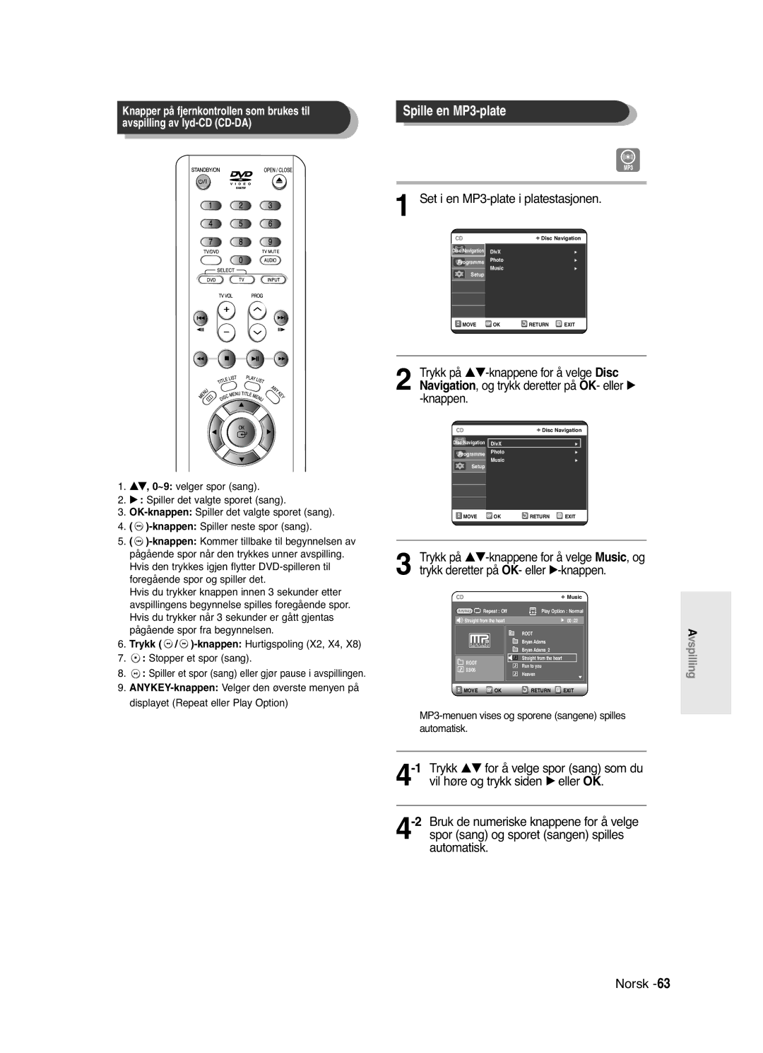 Samsung DVD-R120/XEE, DVD-R121/XEE manual Spille en MP3-plate, Set i en MP3-plate i platestasjonen 