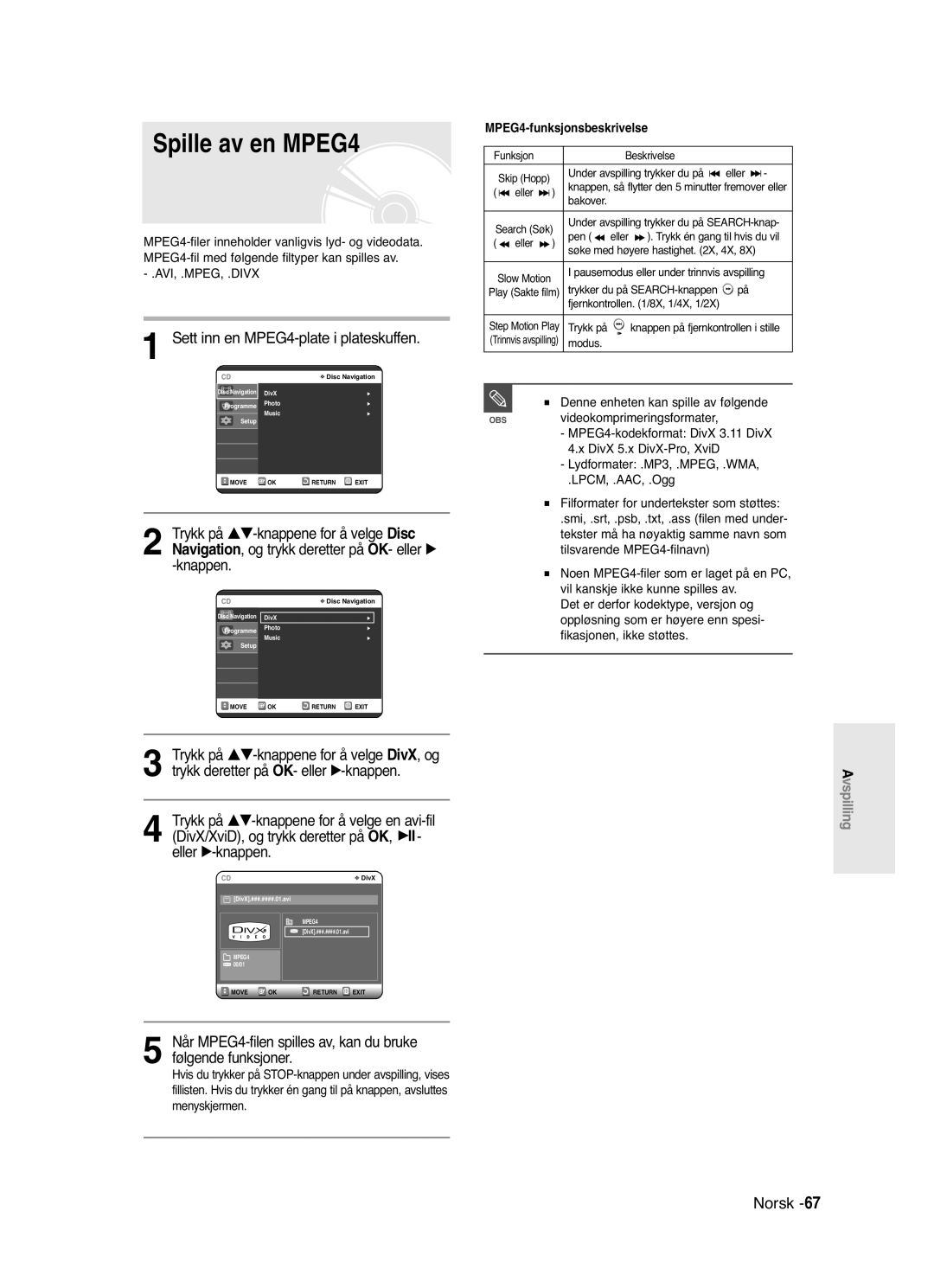 Samsung DVD-R120/XEE, DVD-R121/XEE manual Spille av en MPEG4, Sett inn en MPEG4-plate i plateskuffen, Avi, .Mpeg, .Divx 