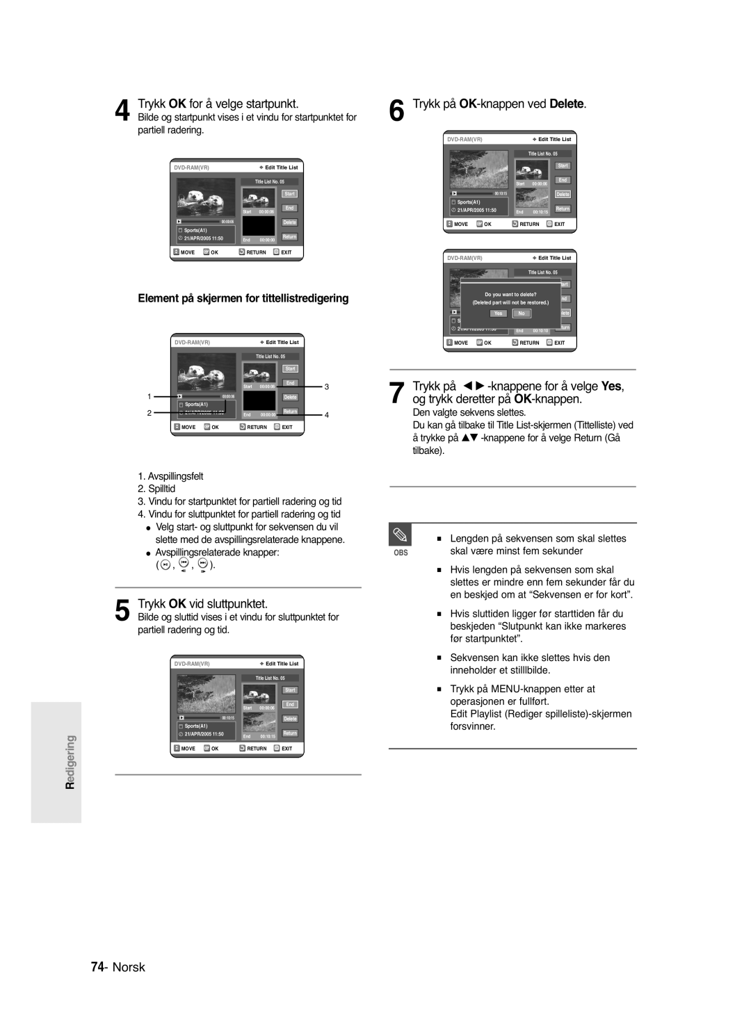 Samsung DVD-R121/XEE, DVD-R120/XEE manual Trykk på OK-knappen ved Delete, Element på skjermen for tittellistredigering 