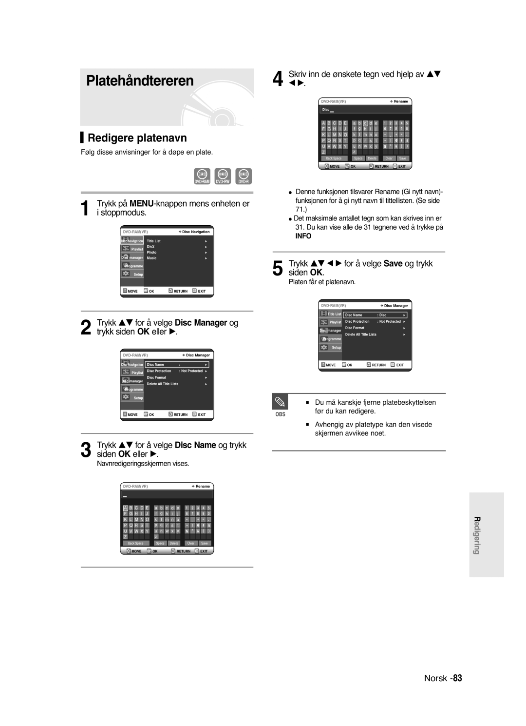 Samsung DVD-R120/XEE, DVD-R121/XEE manual Platehåndtereren, Redigere platenavn 