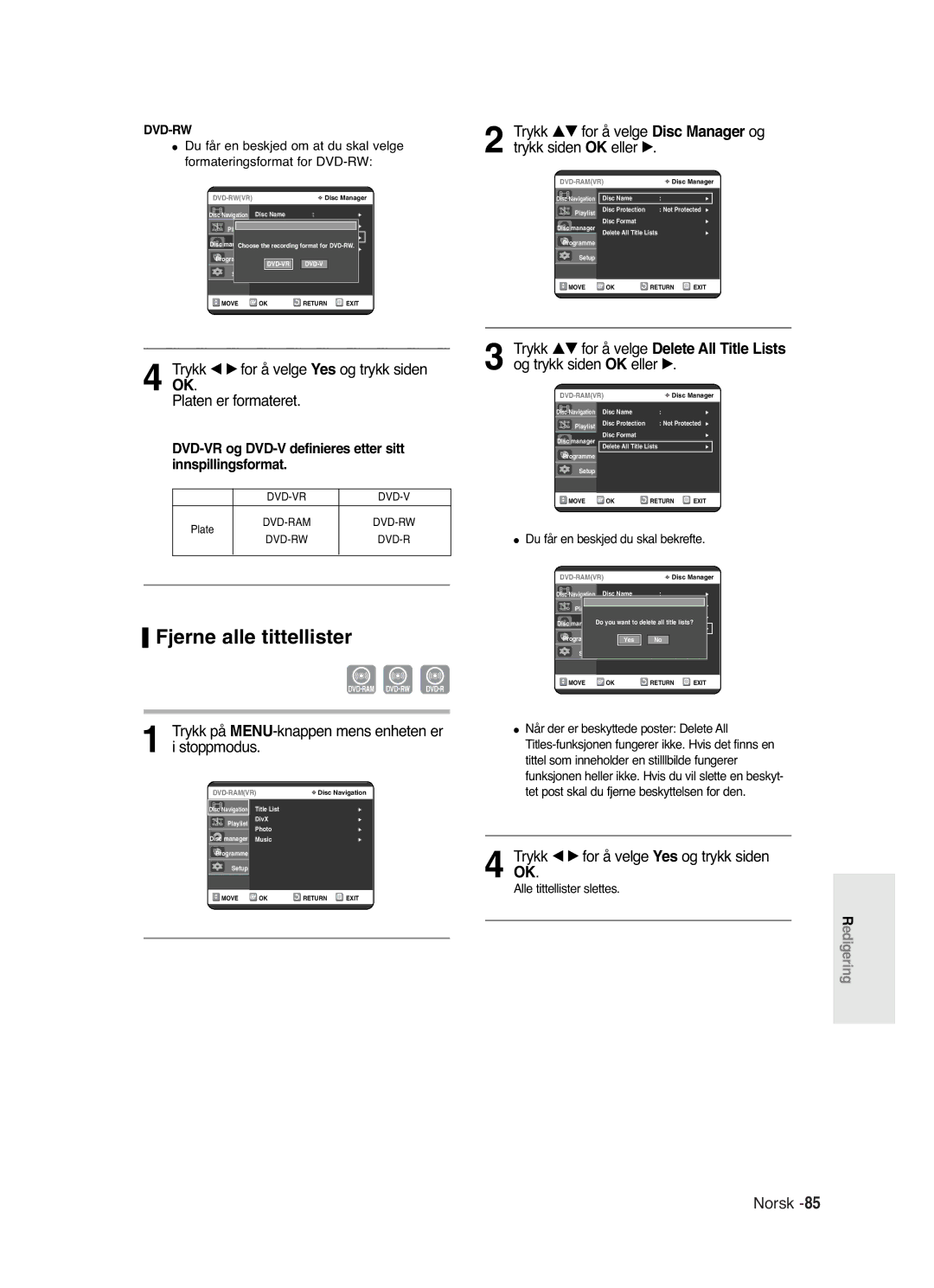 Samsung DVD-R120/XEE, DVD-R121/XEE manual Fjerne alle tittellister, DVD-VR og DVD-V definieres etter sitt innspillingsformat 