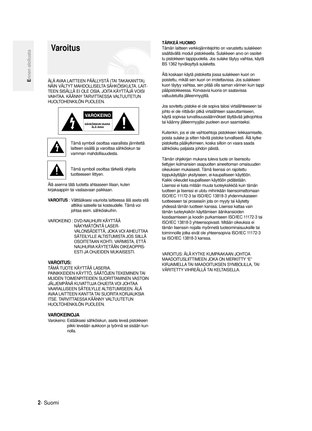 Samsung DVD-R121/XEE, DVD-R120/XEE manual Varoitus, Suomi, Tämän tuoteyksikön käyttämisen äänikansioiden 