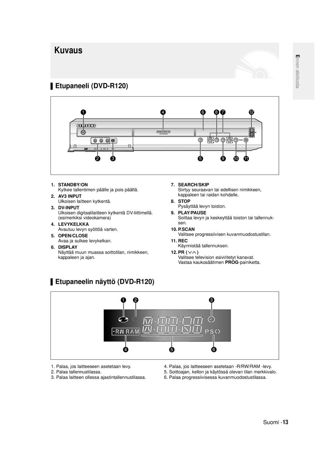 Samsung DVD-R120/XEE, DVD-R121/XEE manual Kuvaus, Etupaneeli DVD-R120, Etupaneelin näyttö DVD-R120 