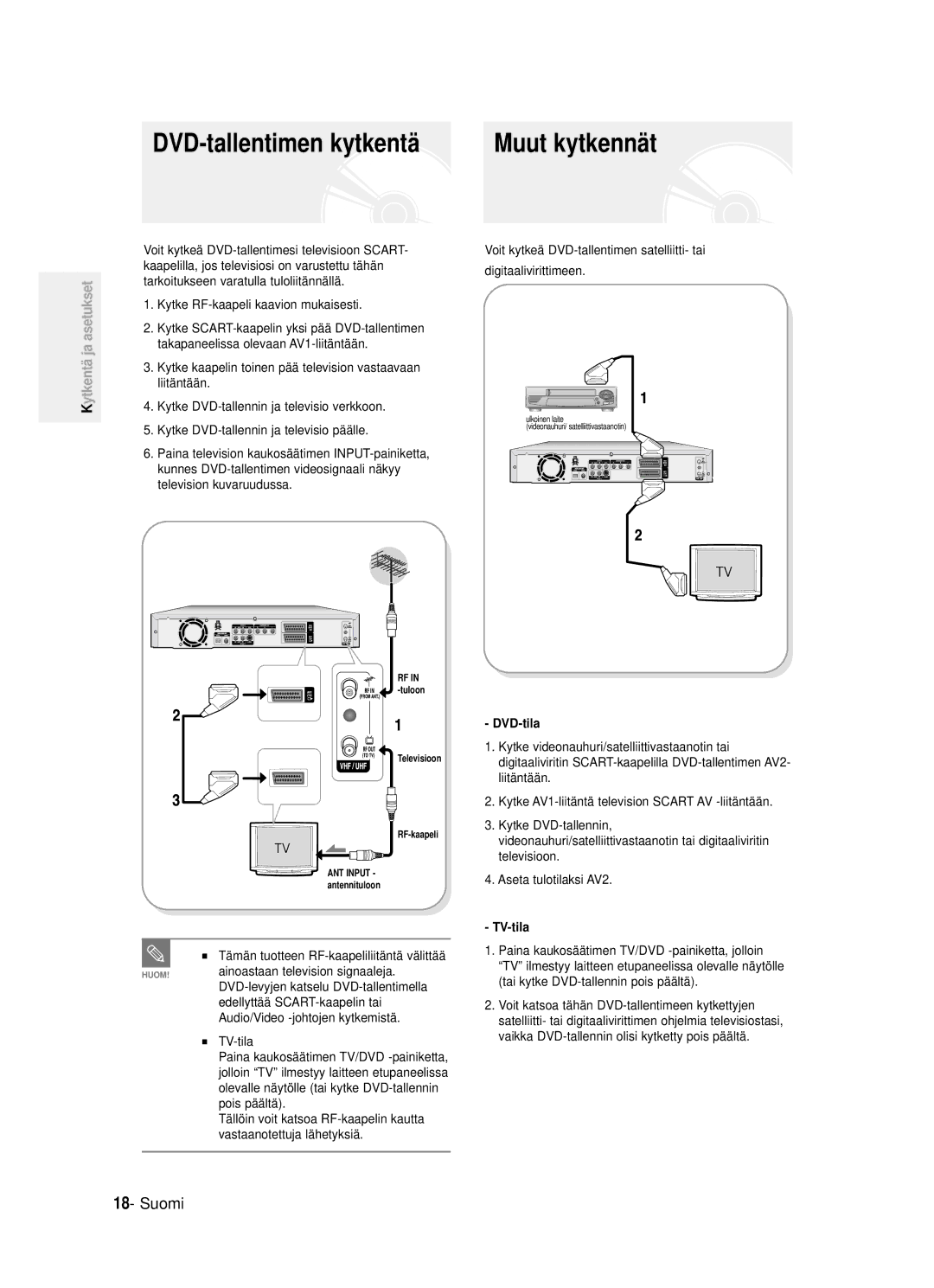 Samsung DVD-R121/XEE, DVD-R120/XEE manual DVD-tallentimen kytkentä, Muut kytkennät, DVD-tila, TV-tila 