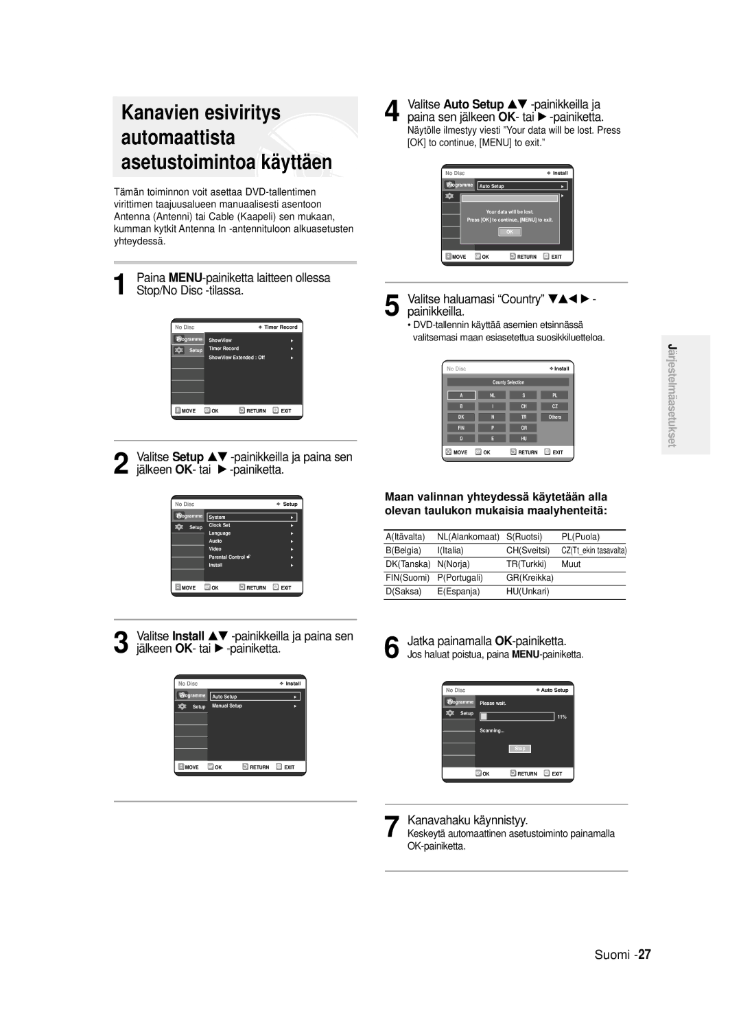 Samsung DVD-R120/XEE manual Kanavien esiviritys automaattista asetustoimintoa käyttäen, Auto Setup …† -painikkeilla ja 