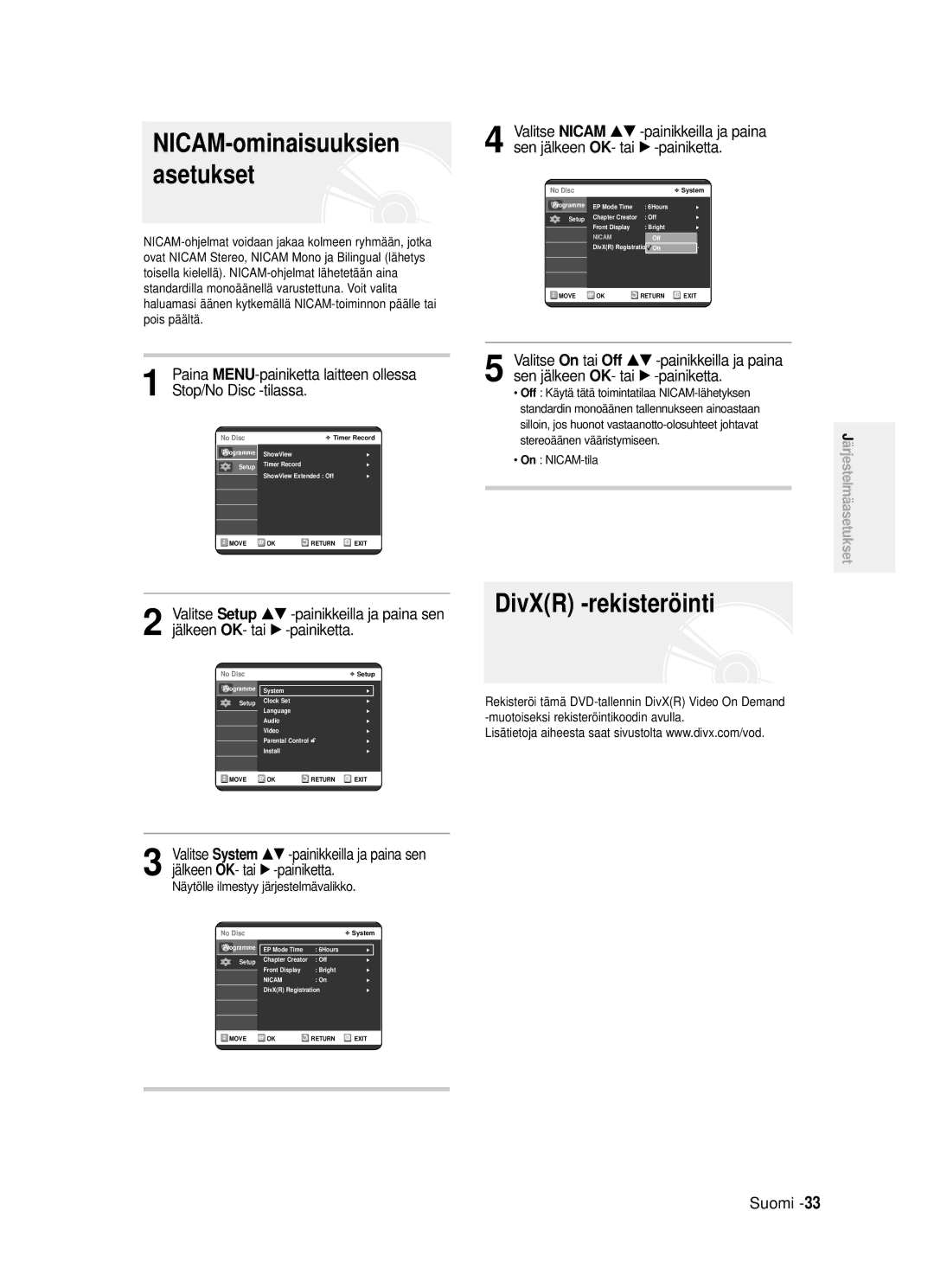 Samsung DVD-R120/XEE, DVD-R121/XEE manual DivXR -rekisterö inti, On NICAM-tila 