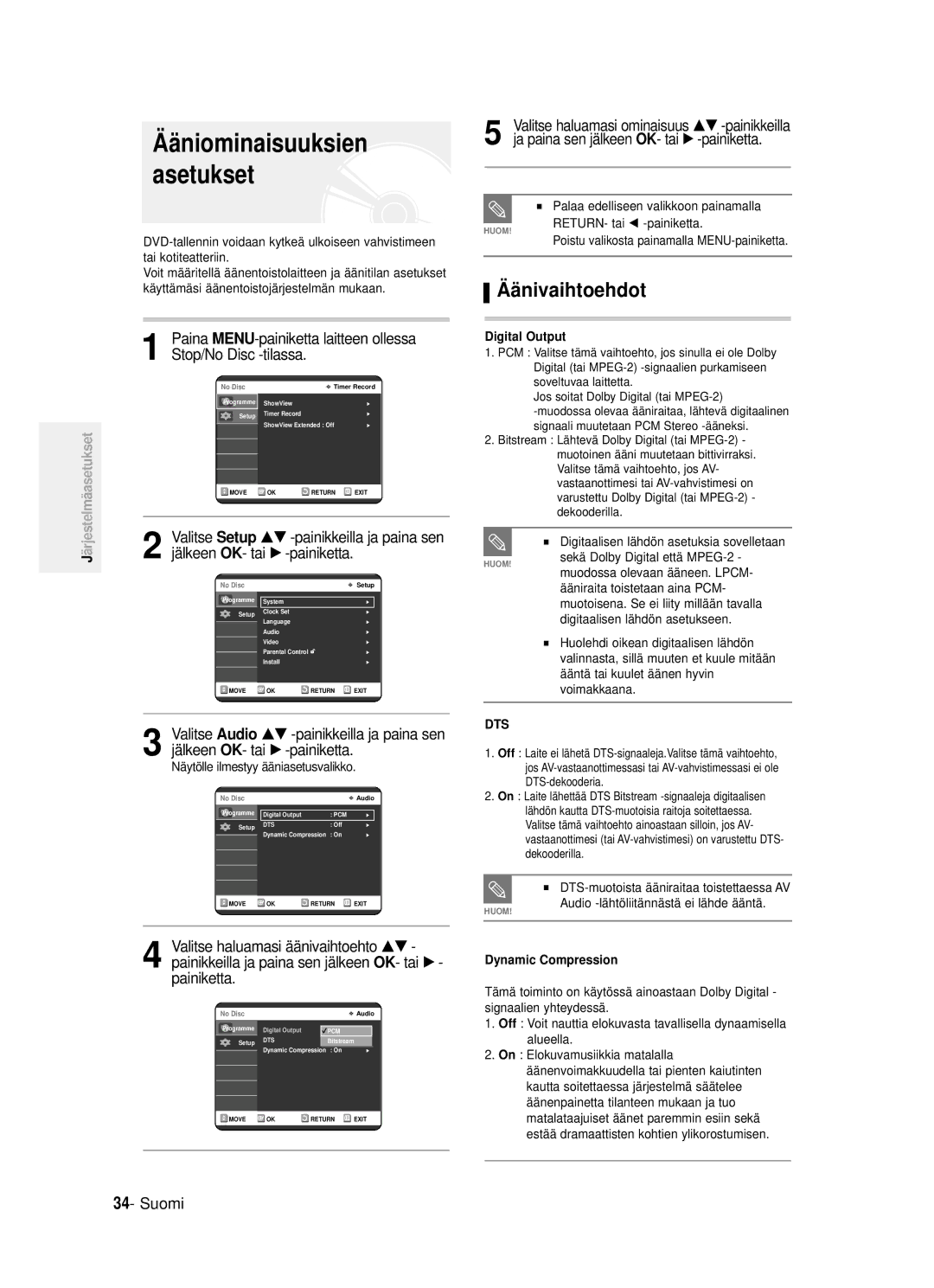 Samsung DVD-R121/XEE manual Ää niominaisuuksien asetukset, Ää nivaihtoehdot, Valitse Setup …† -painikkeilla ja paina sen 