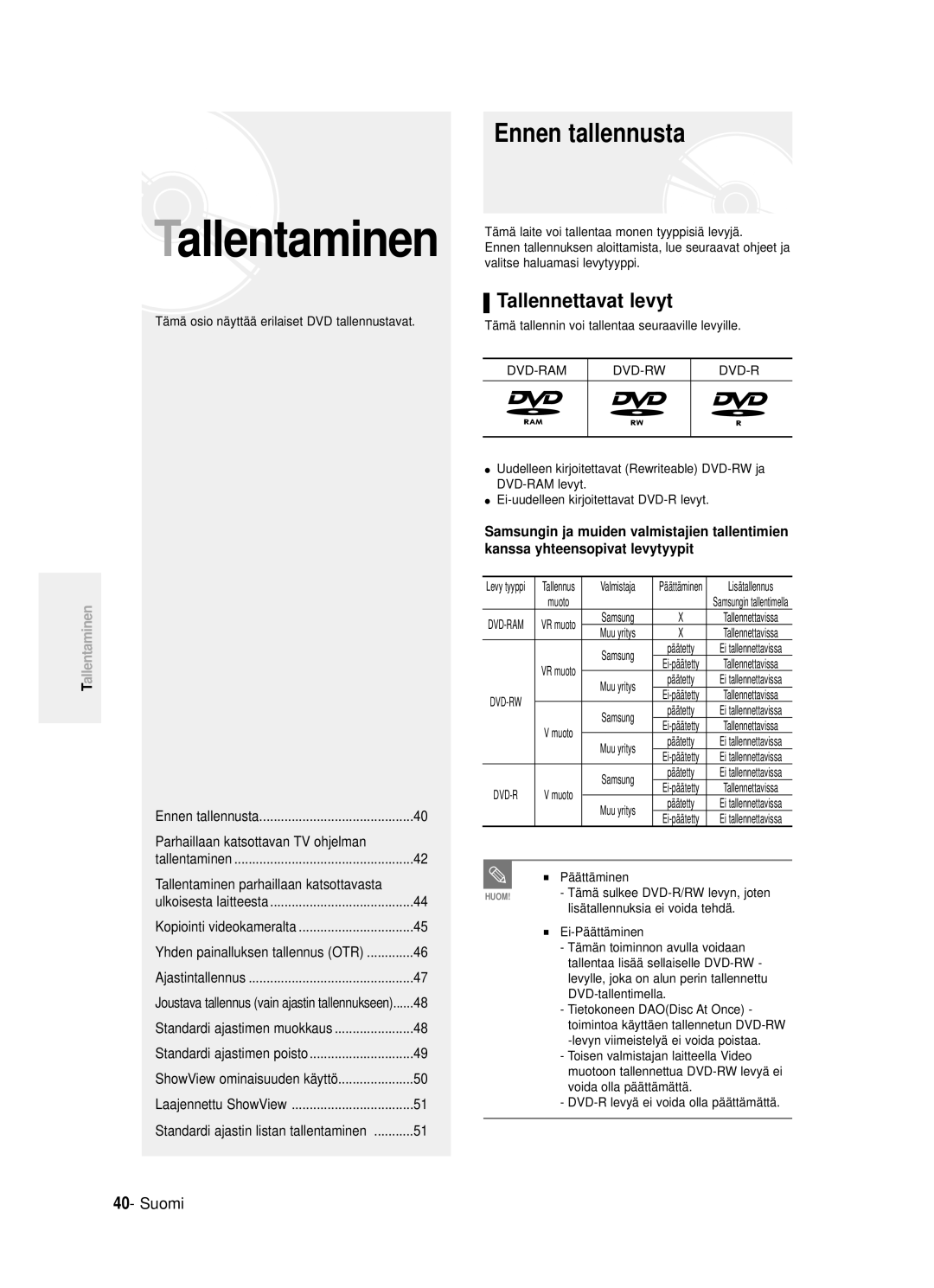 Samsung DVD-R121/XEE, DVD-R120/XEE manual Ennen tallennusta, Tallennettavat levyt 