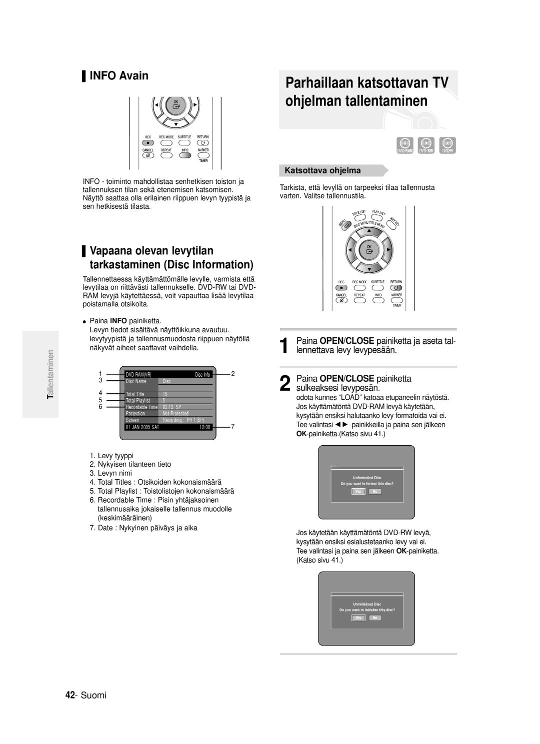 Samsung DVD-R121/XEE, DVD-R120/XEE manual Info Avain, Katsottava ohjelma 