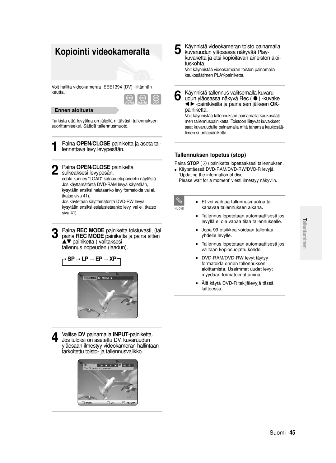 Samsung DVD-R120/XEE, DVD-R121/XEE manual Kopiointi videokameralta, Tuskohta, Kuvake, Udun yläosassa näkyvä Rec 