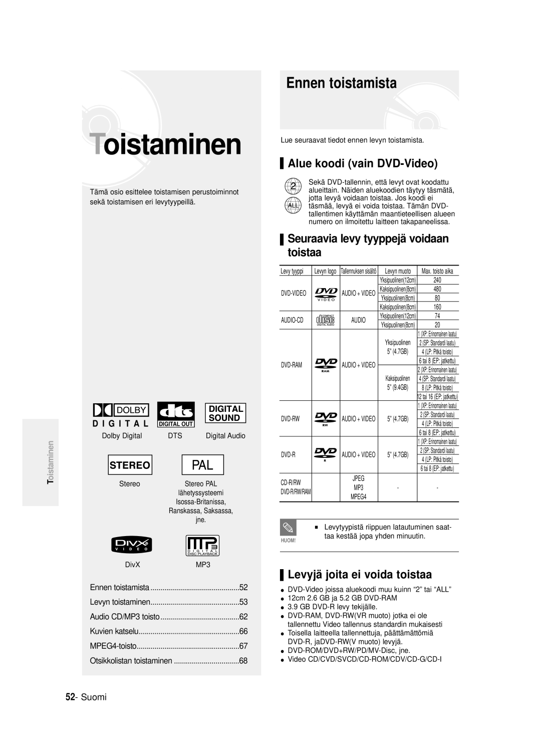 Samsung DVD-R121/XEE, DVD-R120/XEE Ennen toistamista, Alue koodi vain DVD-Video, Seuraavia levy tyyppejä voidaan toistaa 